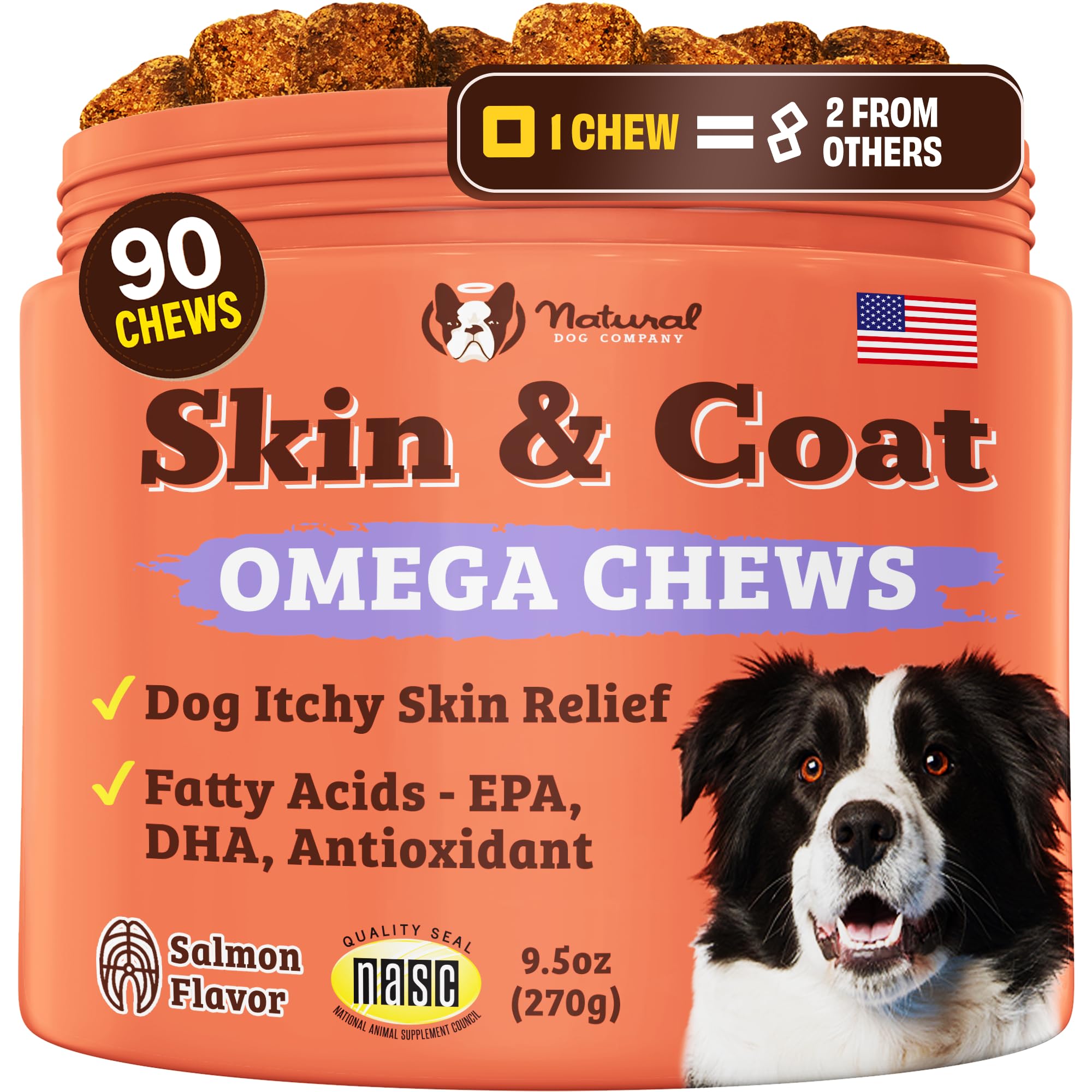 Natural Dog Company Skin & Coat Supplement for Dogs Omega-3 Rich Salmon Oil Chews for Itchy Skin Relief, Shedding & Allergy Supp