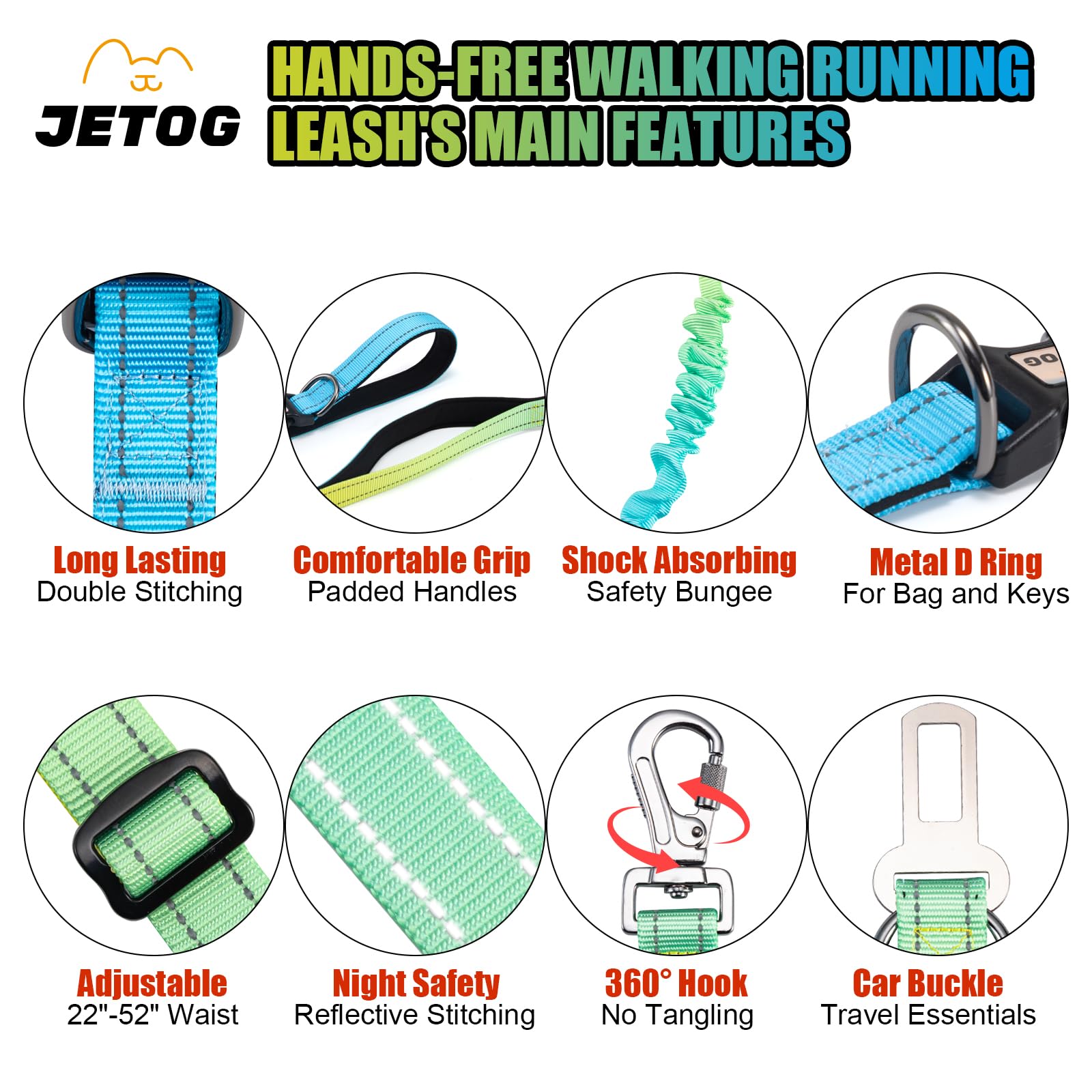 Jetog Heavy Duty Hands Free Dog Leash, 5-7 Ft Reflective Adjustable Waist Dog Leash Belt With Padded Handles, Shock Absorbing Bu