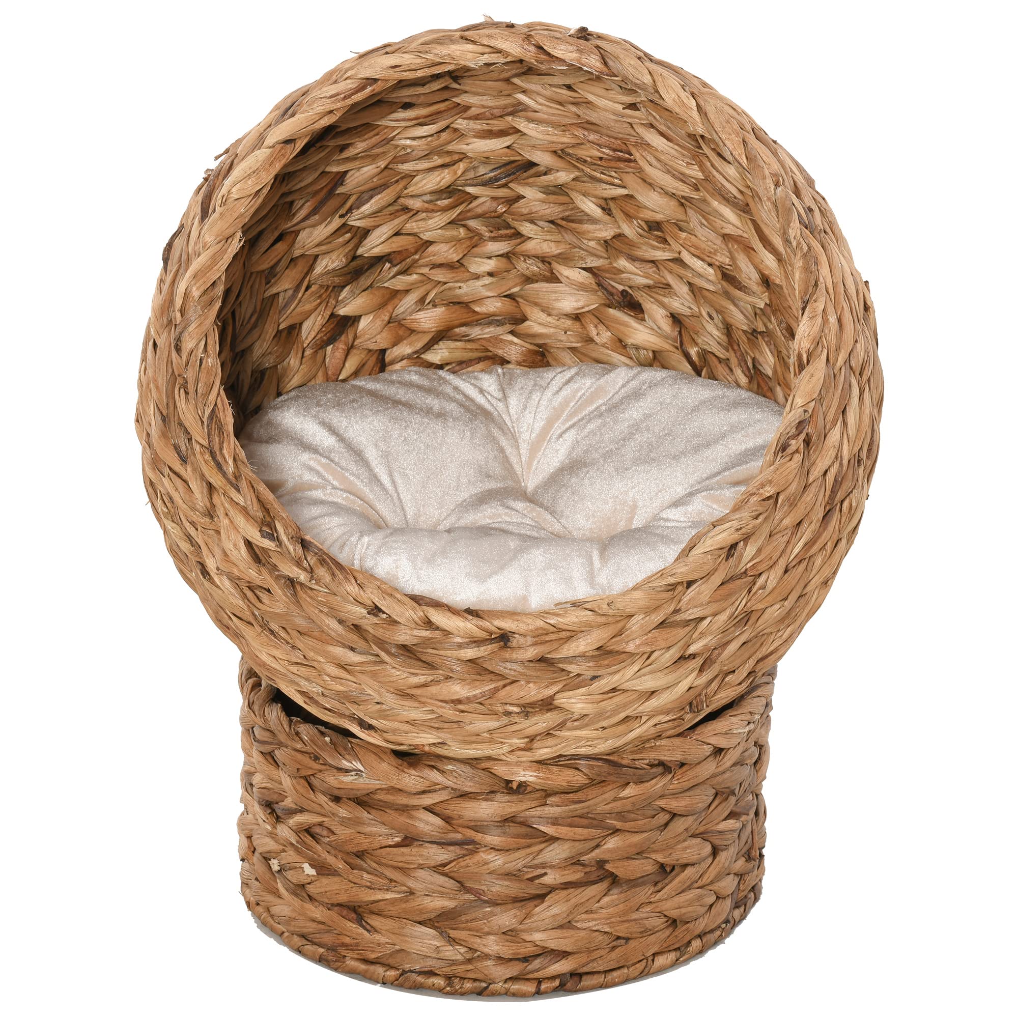 Pawhut Handwoven Elevated Cat Bed With Soft Cushion & Cat Egg Chair Shape, Cat Basket Bed Kitty House With Stand, Raised Wicker Cat Bed For Indoor Cats, 23.5' H, Brown