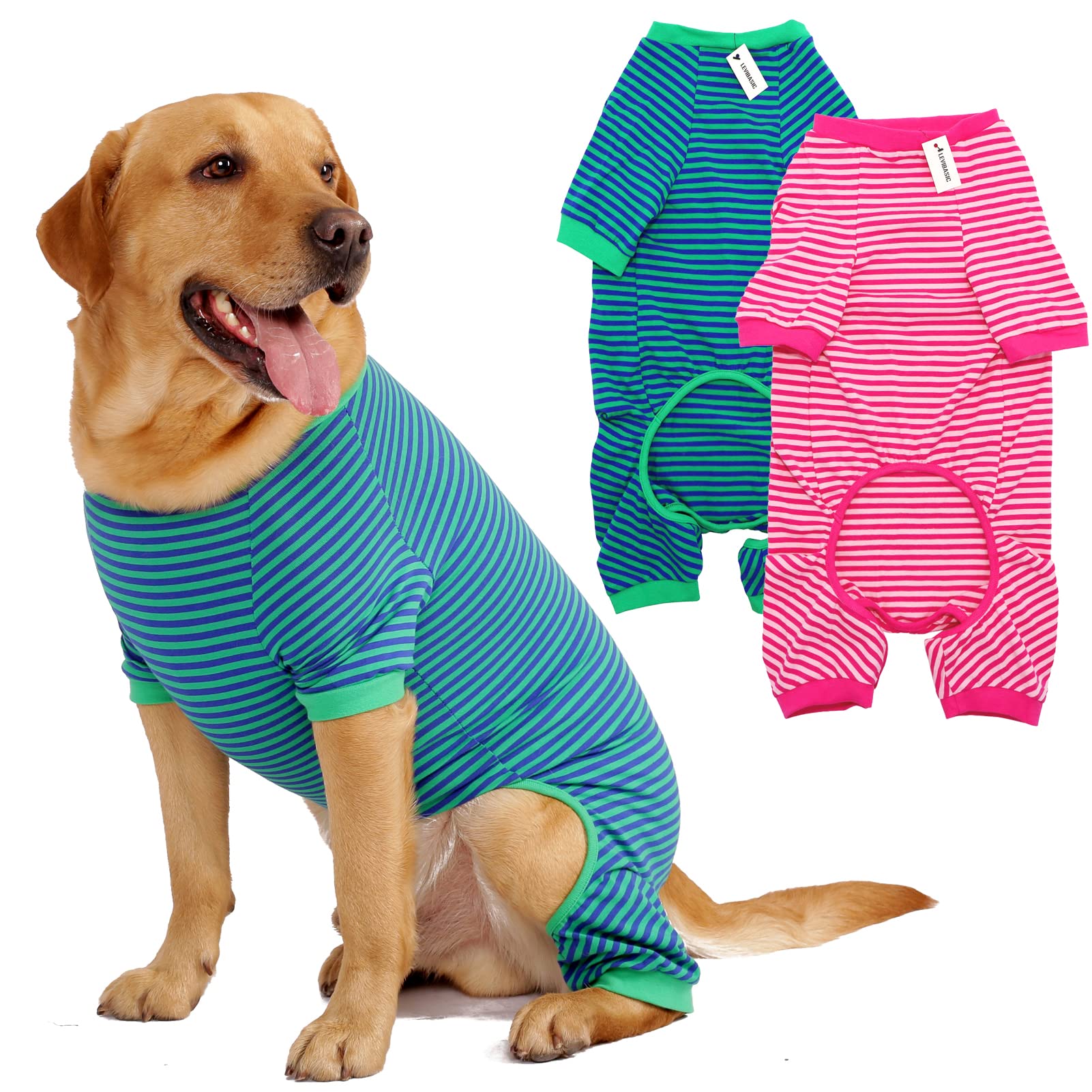 Dog Pajamas Cotton Striped Pup Jumpsuit, Breathable 4 Legs Basic Pjs Shirts For Puppy And Cat, Super Soft Stretchable Dog Jammie