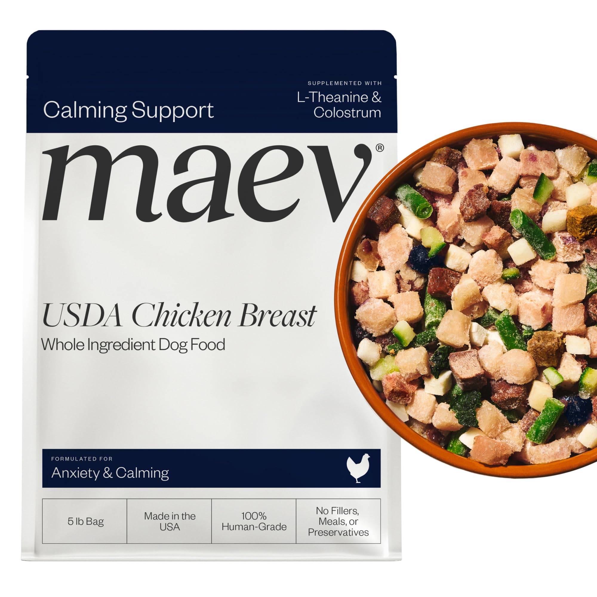 Maev Human-Grade Fresh-Frozen Chicken Dog Food, Anxiety & Calming Formula | High-Protein, Grain-Free, Whole Ingredient Raw Food 