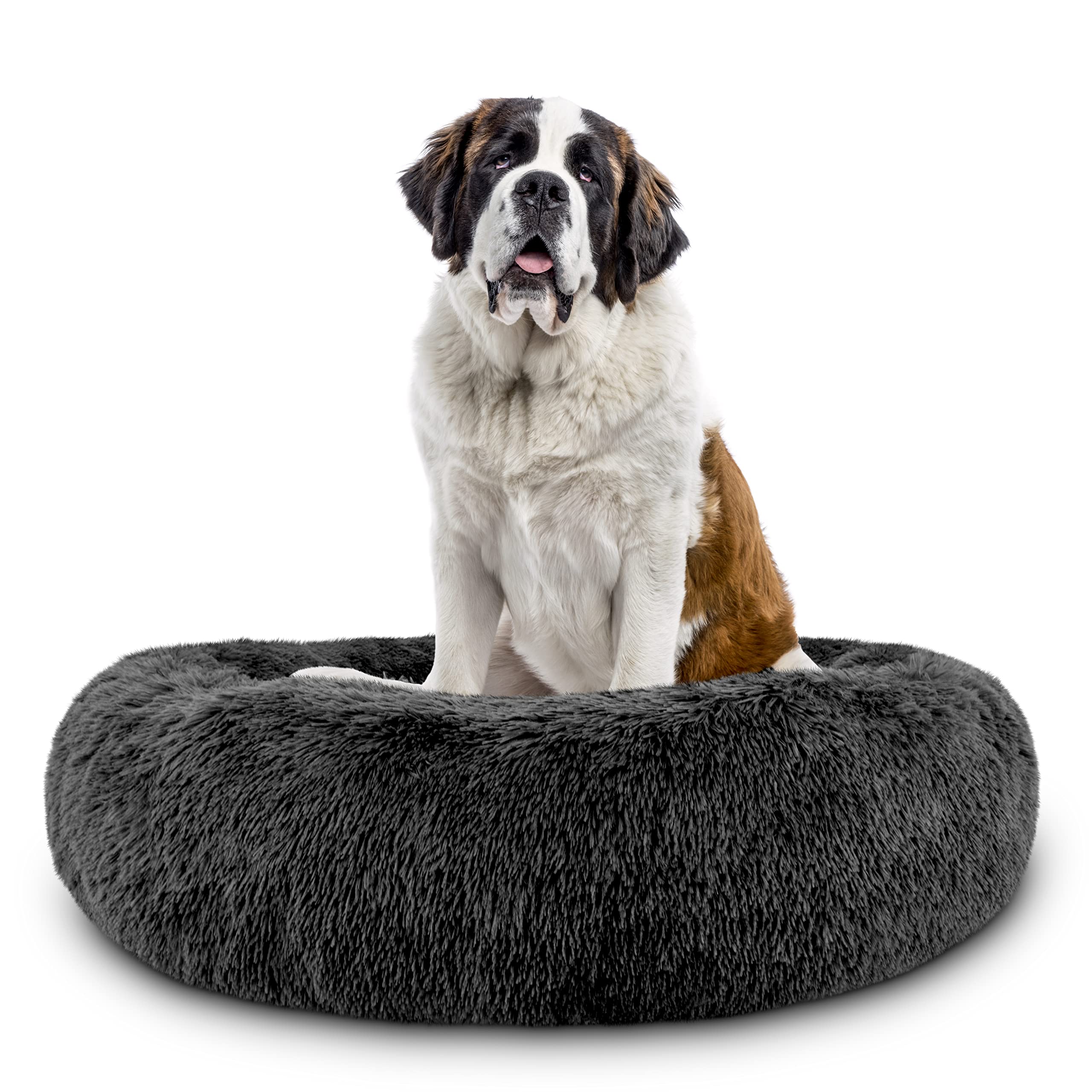 The Dogs Bed Sound Sleep Donut Dog Bed, XXL Grey Fur Calming Nest Bed Removable Cover, Veterinary Approved