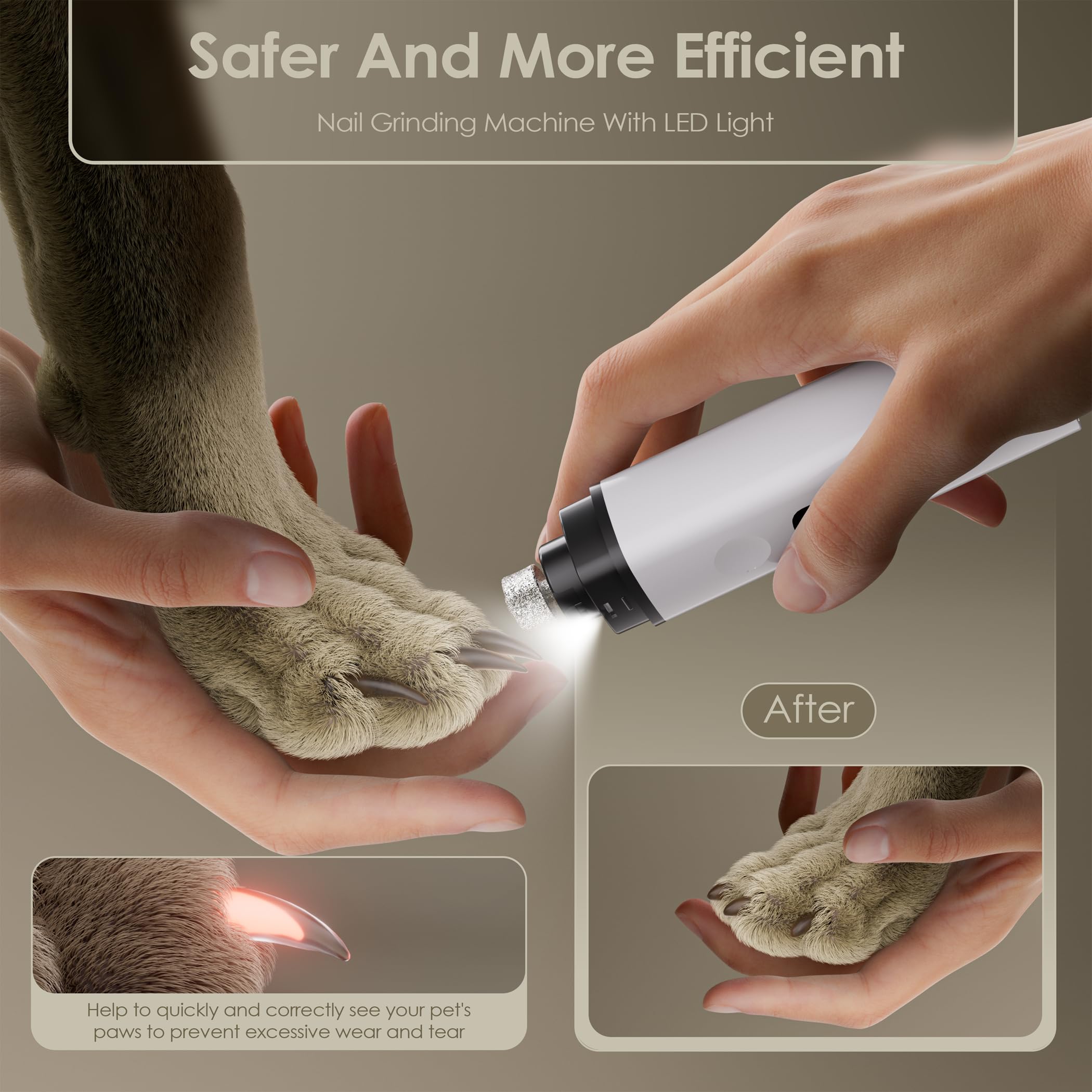 Shmcofe Dog Nail Grinder, Upgrade Ip67 Waterproof 3-Speed Led Light-Small Medium And Large Cat And Dog Nail Trimmers Super Quiet