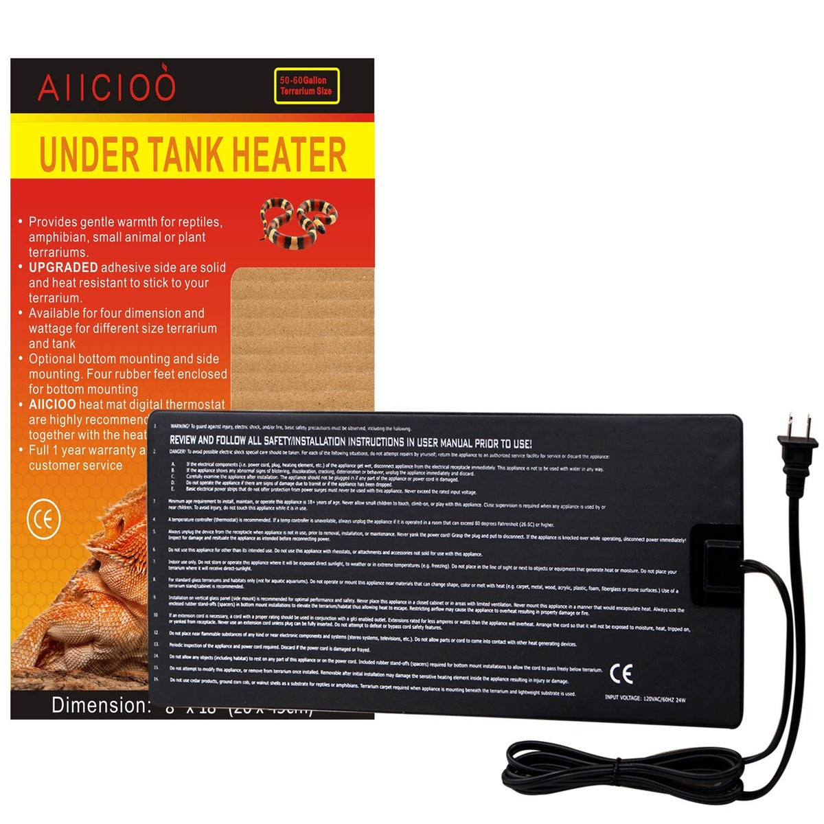 Aiicioo Reptile Heating Pad - Hermit Crab Heater Heat Mat For Reptiles Snake Lizard 24 Watt