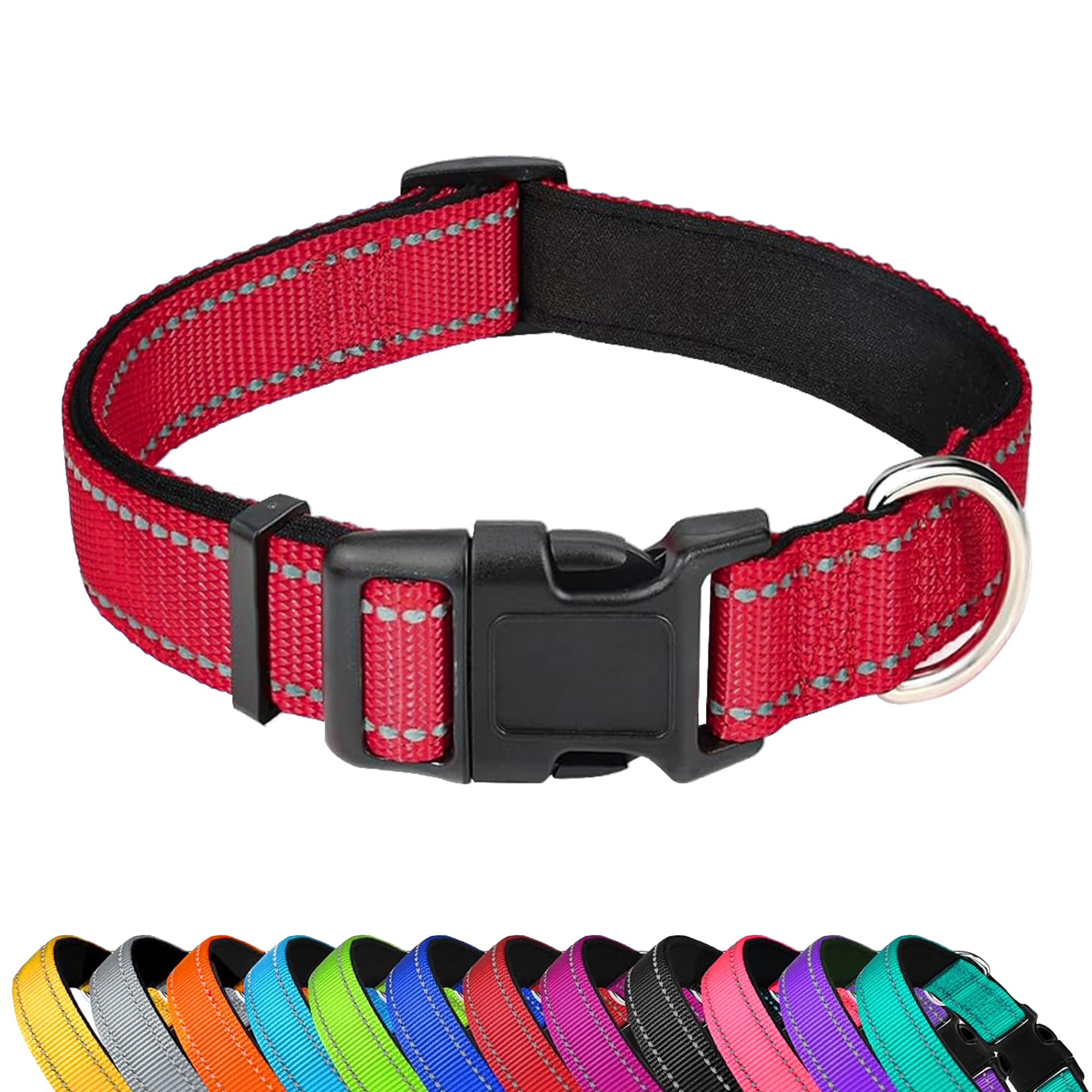 Pwod Reflective Dog Collar, Adjustable Soft Neoprene Padded Nylon Pet Collars With Buckle For Small Dogs, Red,S