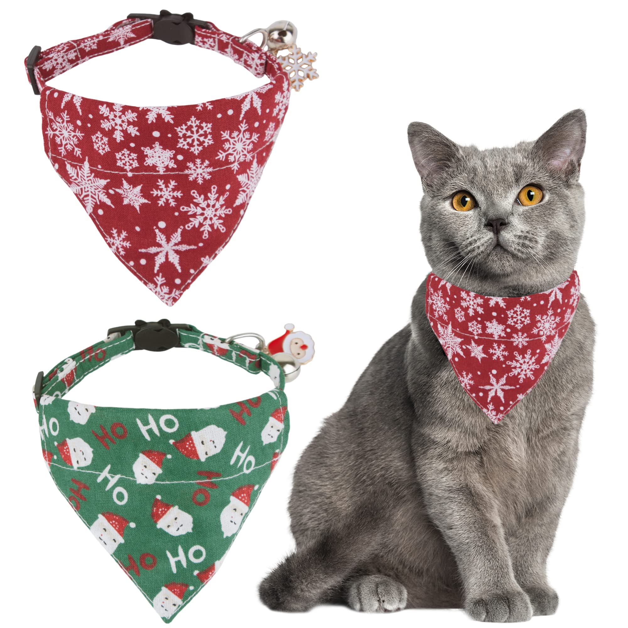 Adoggygo Christmas Cat Collars With Bandana Bell, 2 Pack Adjustable Xmas Pet Bandana Collar With Removable Scarf, Red Green Chri