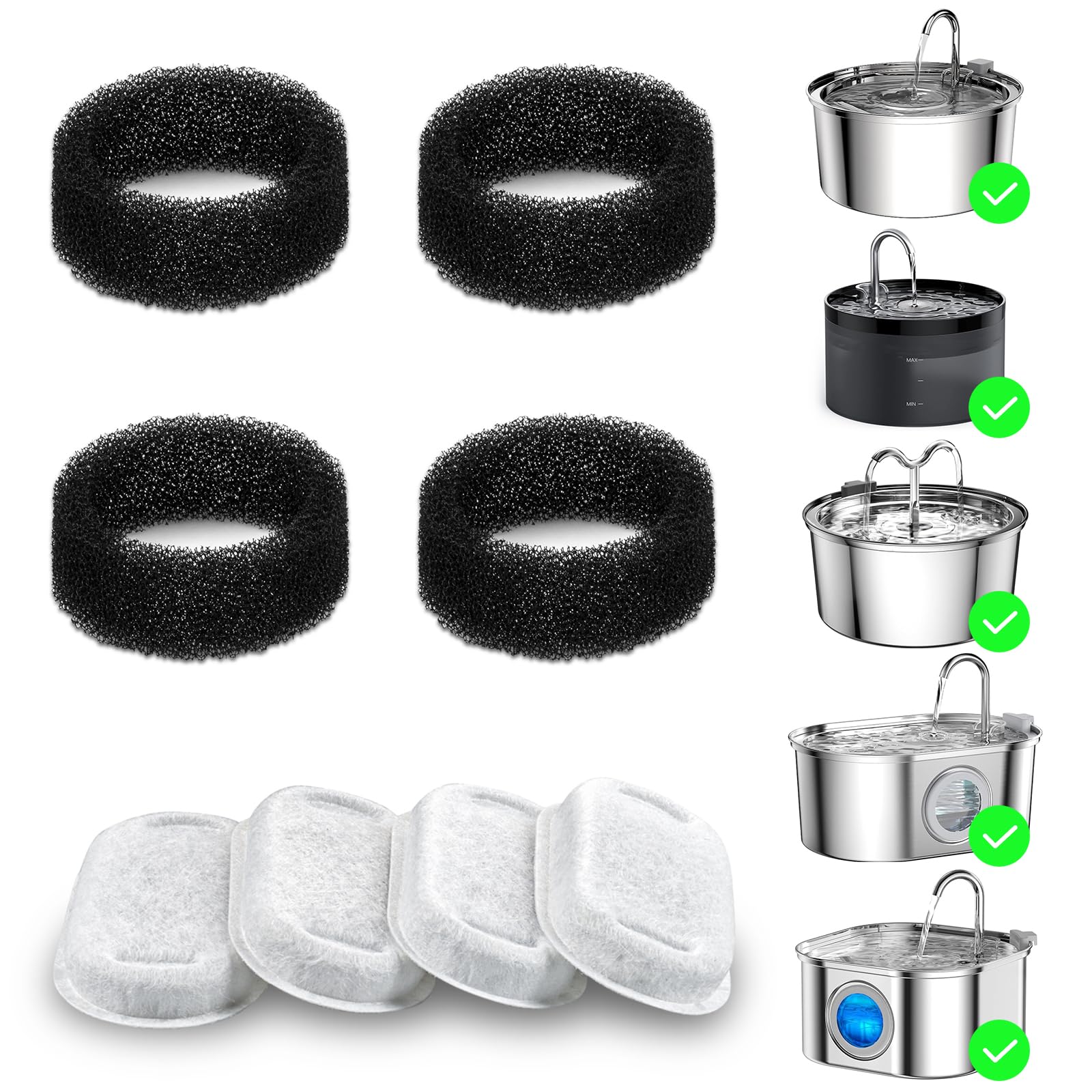 Wonder Creature Cat Water Fountain Filter 8 Pc For Stainless Steel Cat Fountain 2L/67Oz And 3.2L/108Oz, Carbon Filter Plus Sponge Foam Filter Pack (8)