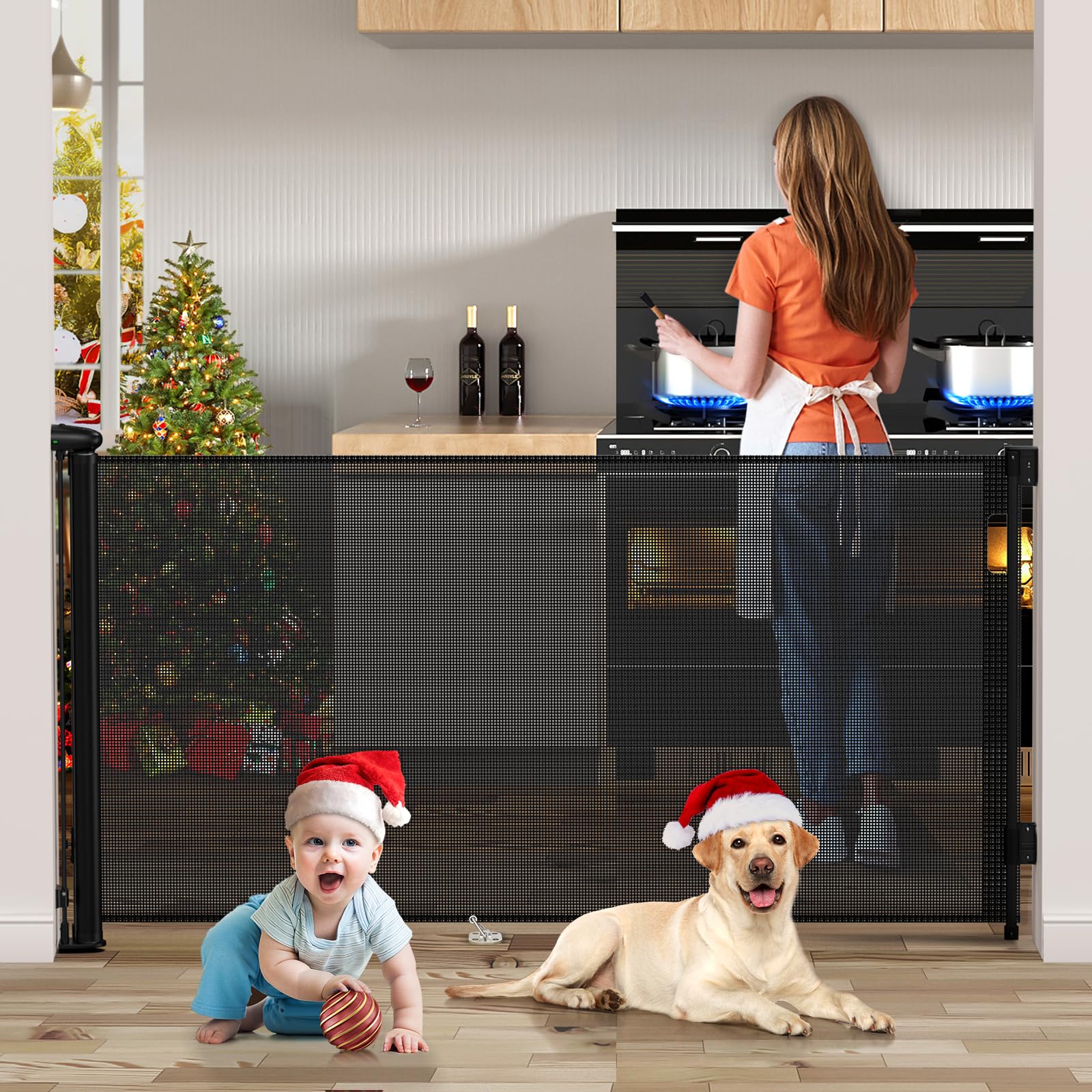 138 Inch Retractable Baby Gates Extra Wide, Uamector Mesh Baby Gate or Dog Gate,Toddler Pet Retractable Gate Adjustable Length f