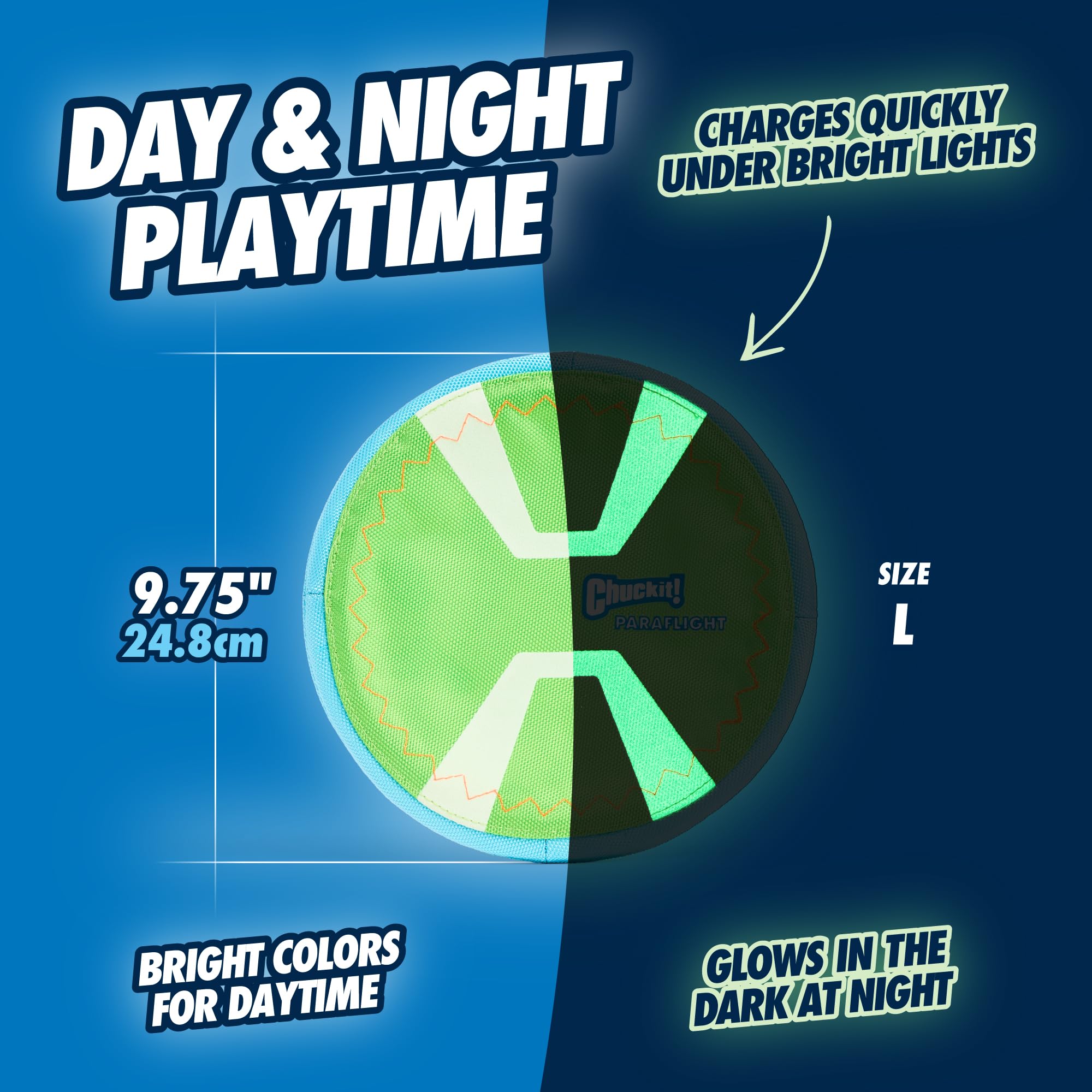 Chuckit! Max Glow Paraflight Flying Disc Dog Toy - Water Floating Flyer - Durable Nylon Construction With Soft Rubber Edges - For Medium And Large Dogs - Size Large - 9.75' L X 9.75' W - Pack Of 1