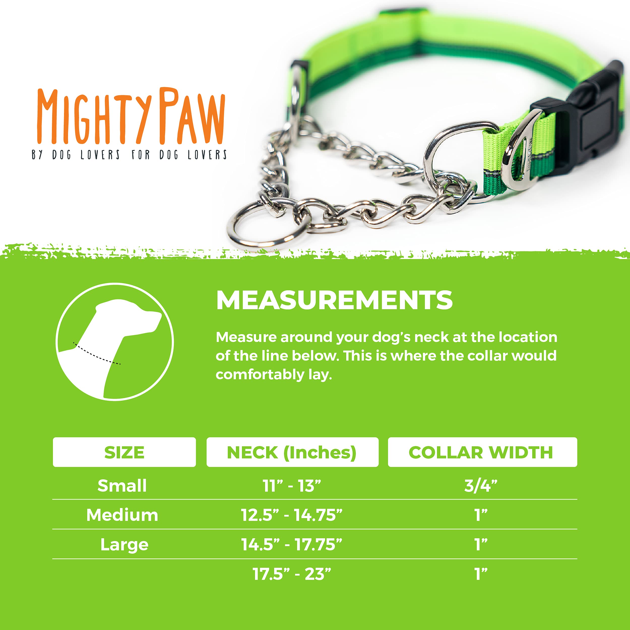 Mighty Paw Martingale Dog Collar 2.0 | Trainer Approved Limited Slip Collar With Stainless Steel Chain & Heavy Duty Buckle. Modified Cinch Collar For Gentle & Effective Pet Training (Green)