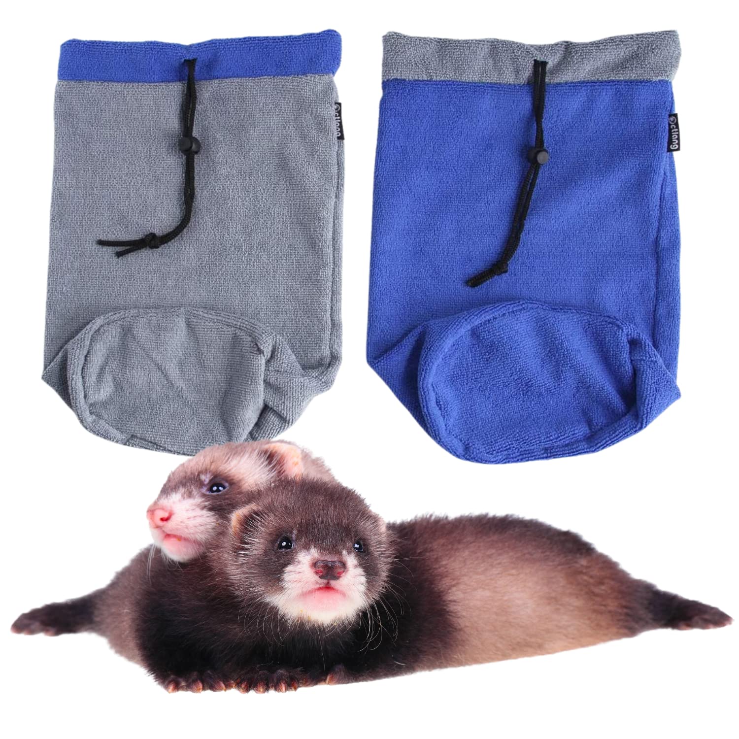 2 Pack Ferret Bath Towel Bag - Fast Drying Absorbent Bathrobe With Adjustable Drawstring Microfiber Towel For Hamster Squirrel Bearded Dragon Rabbit Small Animal Grooming Accessories (Blue+Grey)