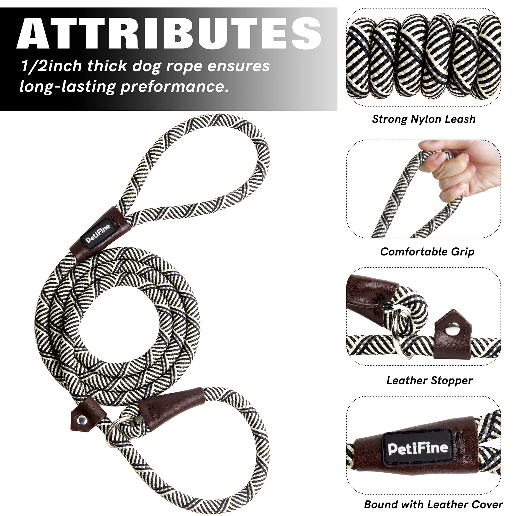 Petifine Slip Lead Dog Leash, Full Reflective Slip Knot Dog Training Leashes, Heavy Duty Adjustable Pet Nylon Slip Loop Leash For Small Medium Large Dogs(Gray)