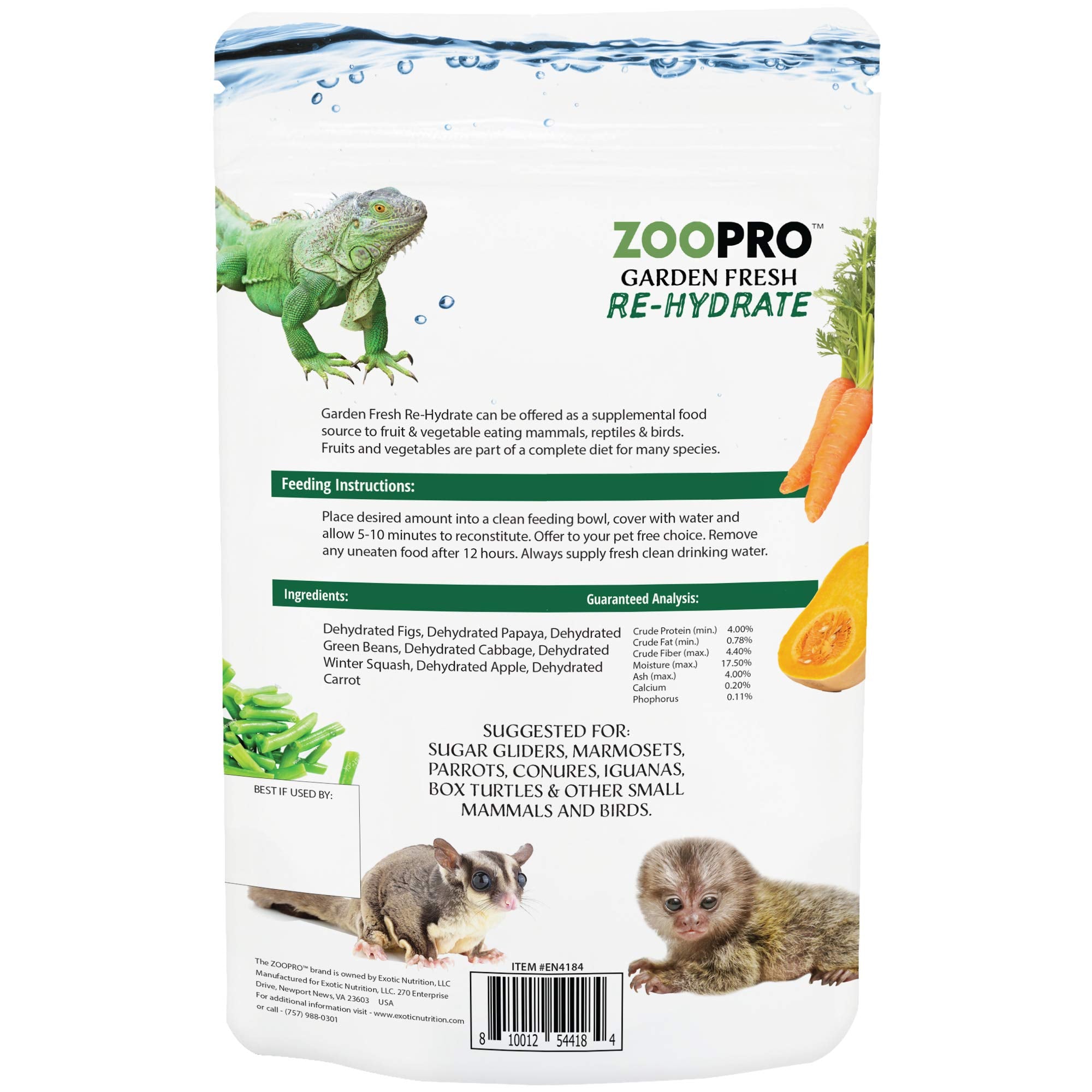Exotic Nutrition Garden Fresh Re-Hydrate - High Calcium Dried Fruit & Vegetable Mix - for Sugar Gliders, Marmosets, Parrots, Con
