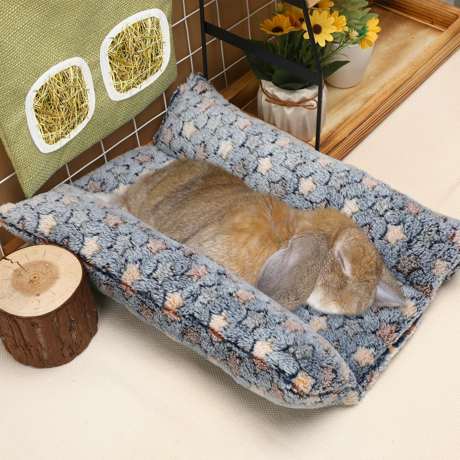 Petknows 15.7X14 Inch Rabbit Bed, Padded Concave Bed For Small Animals, Cuddle Cushion Plush Mat With Cotton Lounger Pillows For