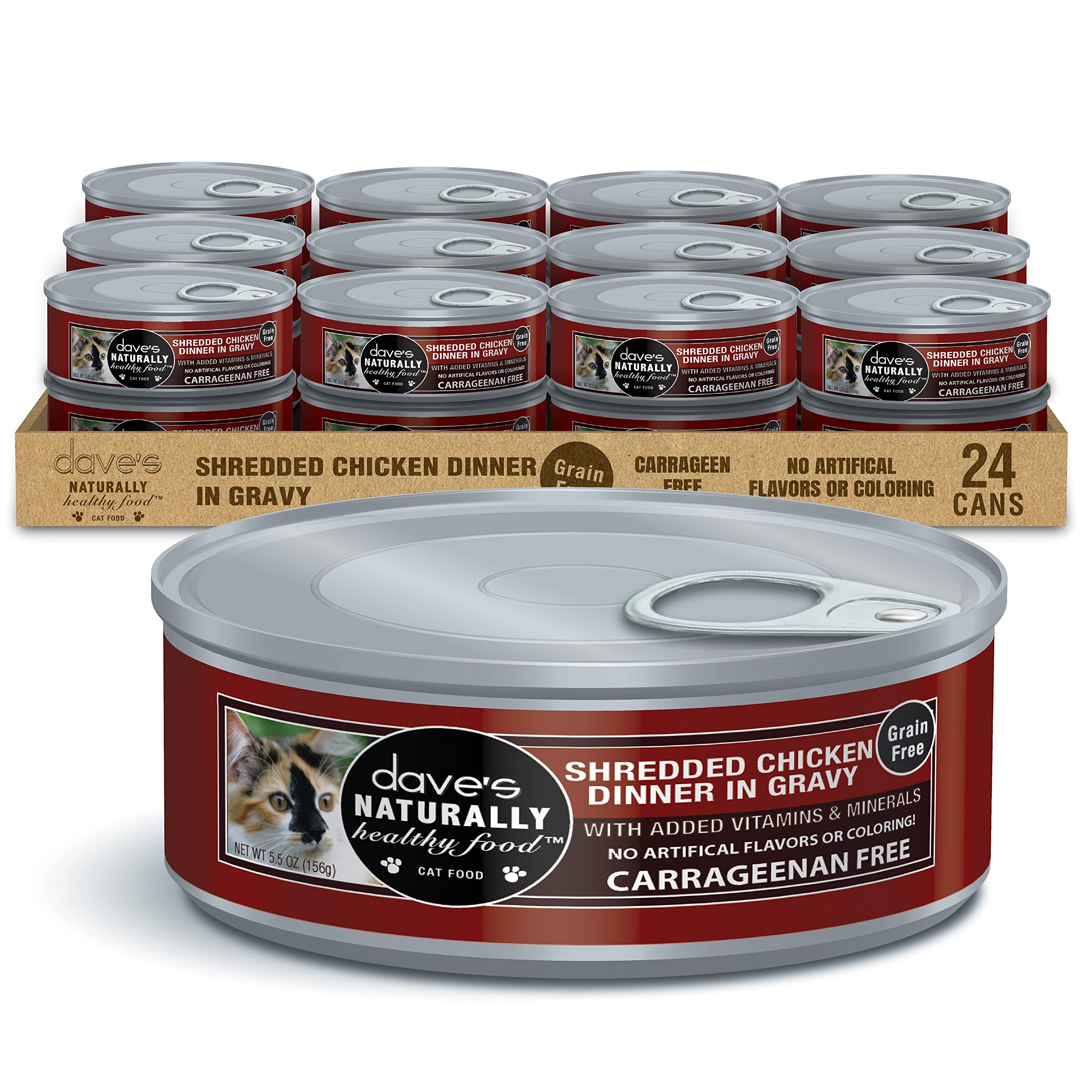 Daves Pet Food Grain Free Wet Cat Food (Shredded Chicken in Gravy), Made in Canada Naturally Healthy Canned, Added Vitamins & M