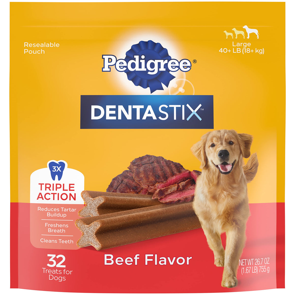 Pedigree Dentastix Large Dog Dental Treats Beef Flavor Dental Bones, 1.72 Lb. Pack (32 Treats)