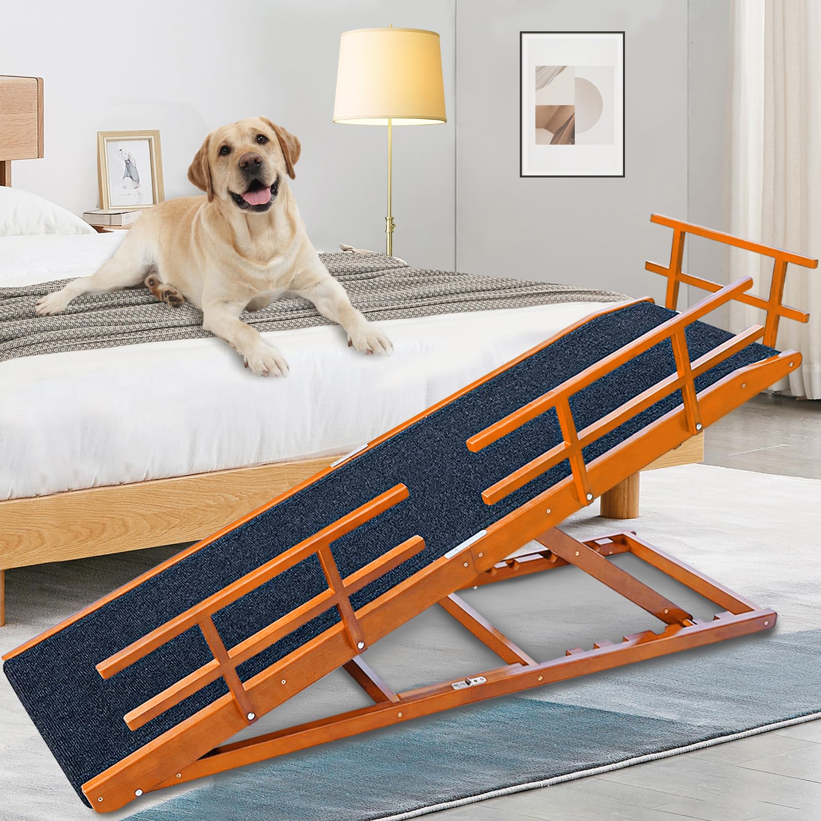 Jopavo Dog Ramp For Bed - 65'' Length, Supports Up To 32'' Height,Includes Non-Slip Replaceable Carpet, Safety Rails & Landing P