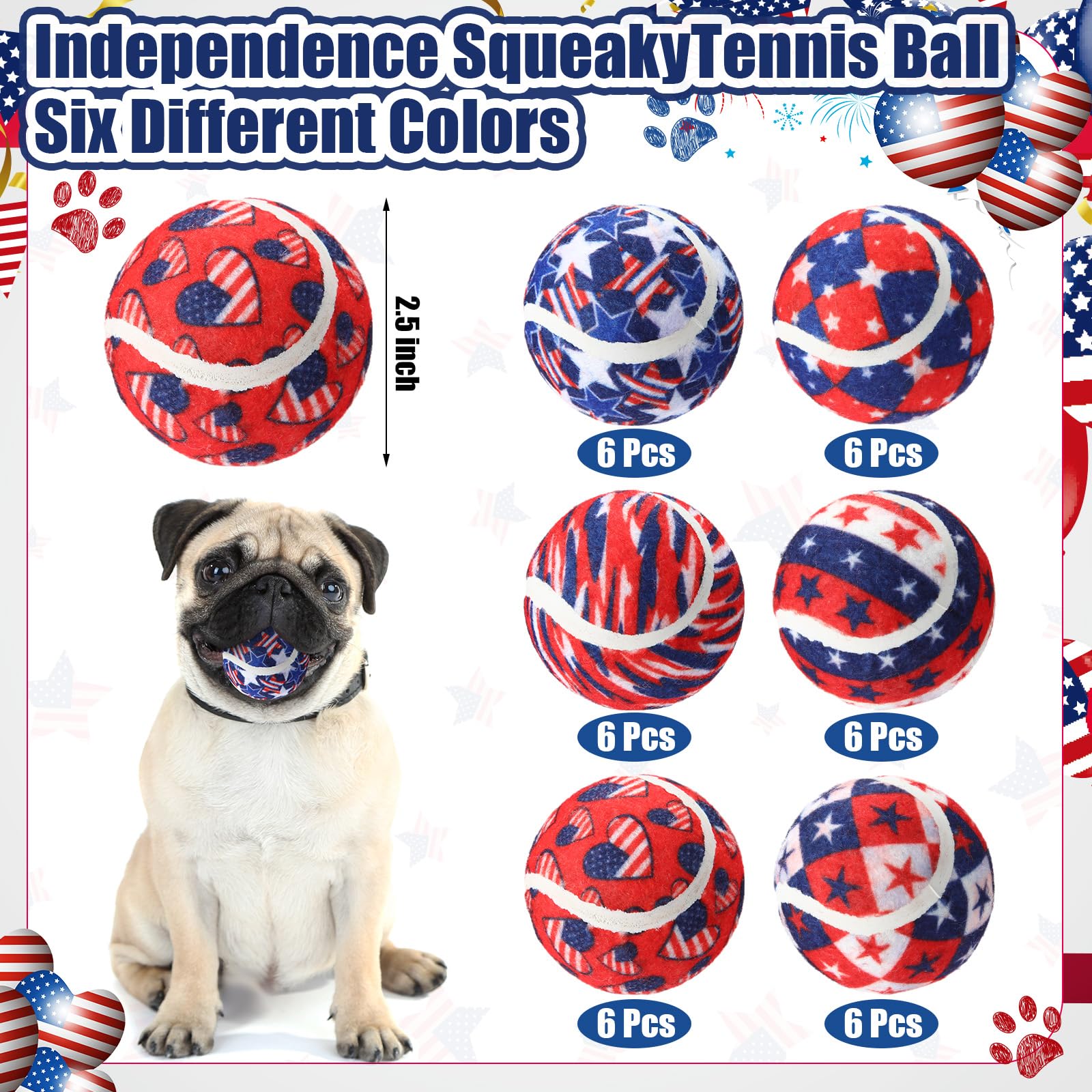 Suilung 36 Pcs Independence Day Dog Squeaky Tennis Balls 2.5 Inch Interactive Pet Toys Ball for Small Medium Large Dog Plush Che