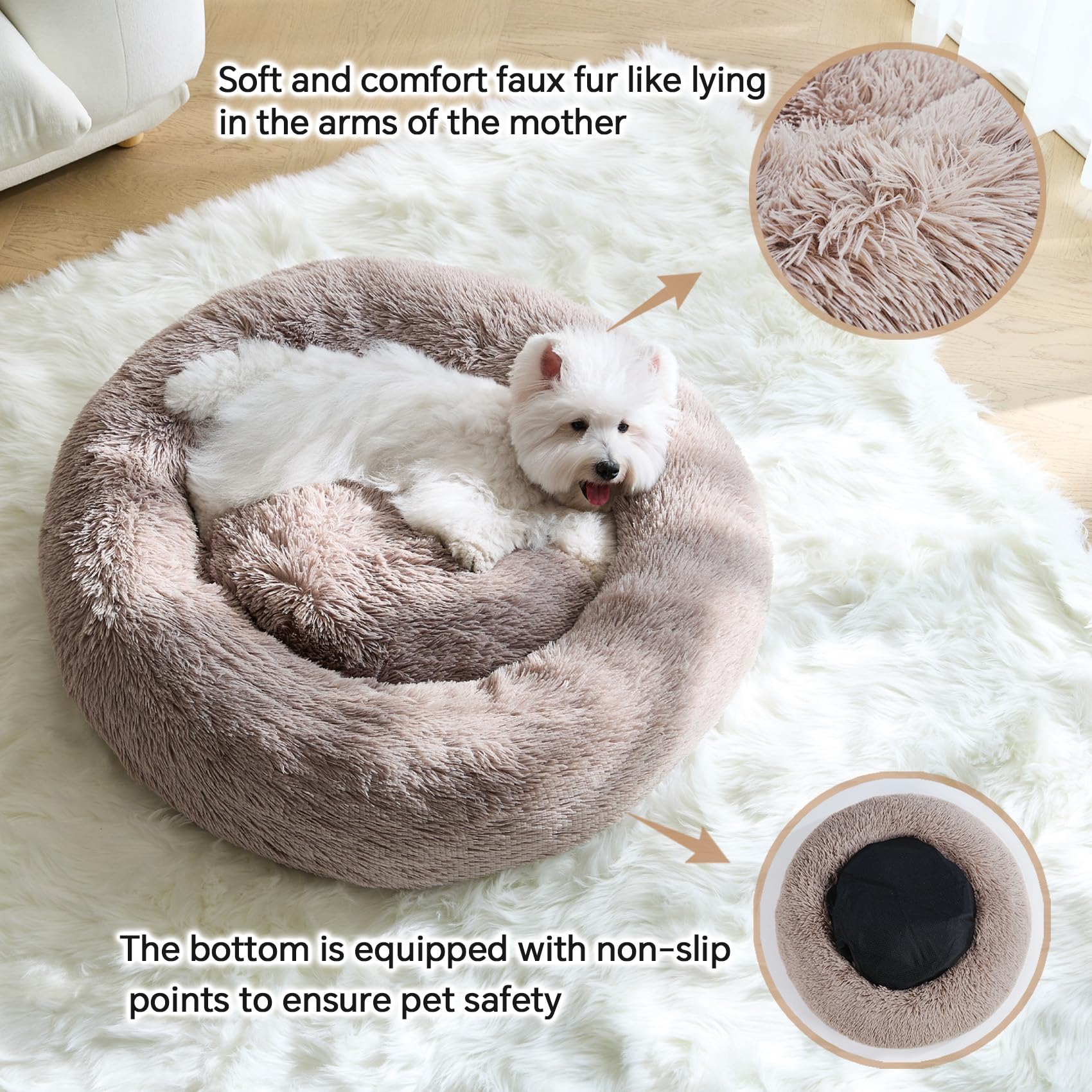 Calming Small Dog Bed,Donut Fluffy Anti-Anxiety Round Washable Cute Bed, Plush Cozy Cuddler Warming Soft Comfort Pet Bed For Sma