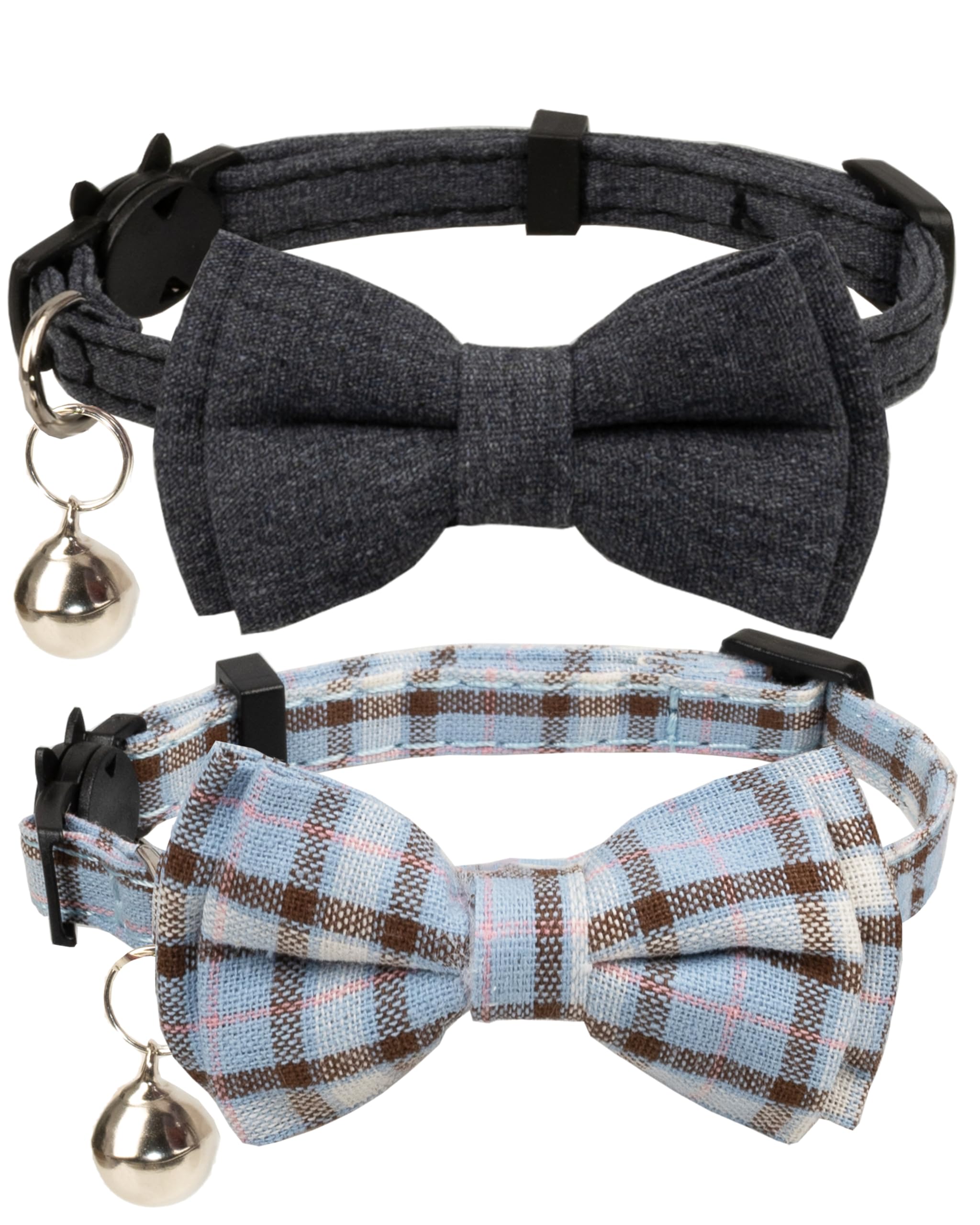 Gyapet Cat Collar Breakaway Bowtie Safety With Bell Adjustbale Kitten Puppy Solid Plaid Color Set D-[2Pcs] Grey
