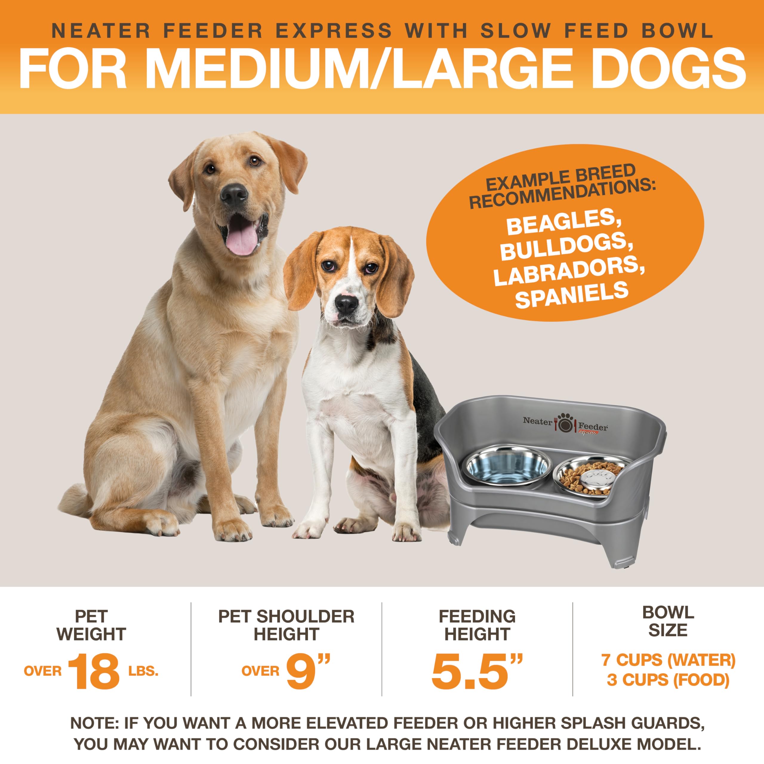 Neater Feeder - Express Model W/ Slow Feed Bowl - Mess-Proof Dog Bowls (M/L, Grey) Made In Usa - Elevated, No Spill, Non-Tip, No