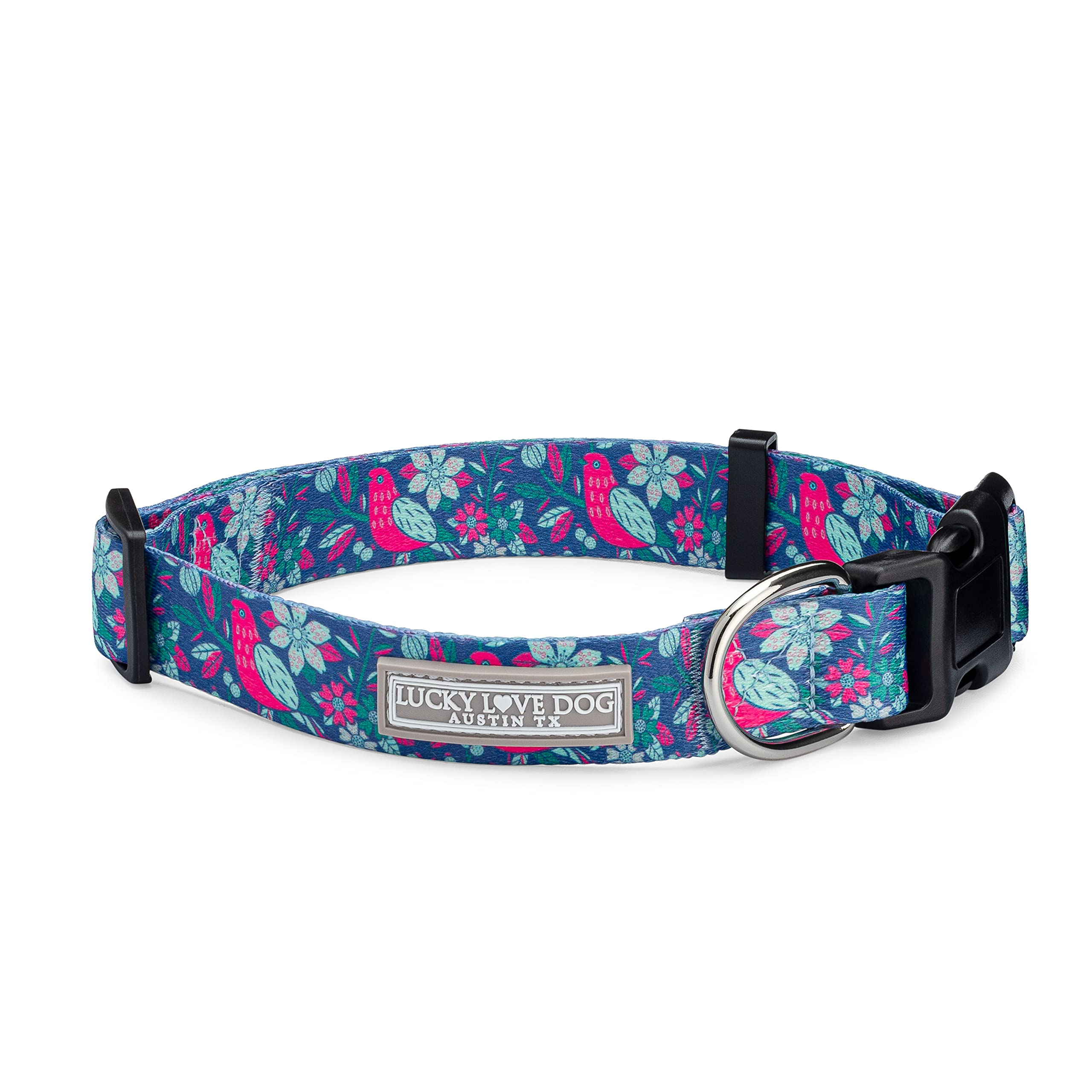 Lucky Love Dog, Whimsical Bird Dog Collar, Vivid Pink, Mint, Blue Flowers Medium Dog Collar, Adjustable Collars For Female Male 