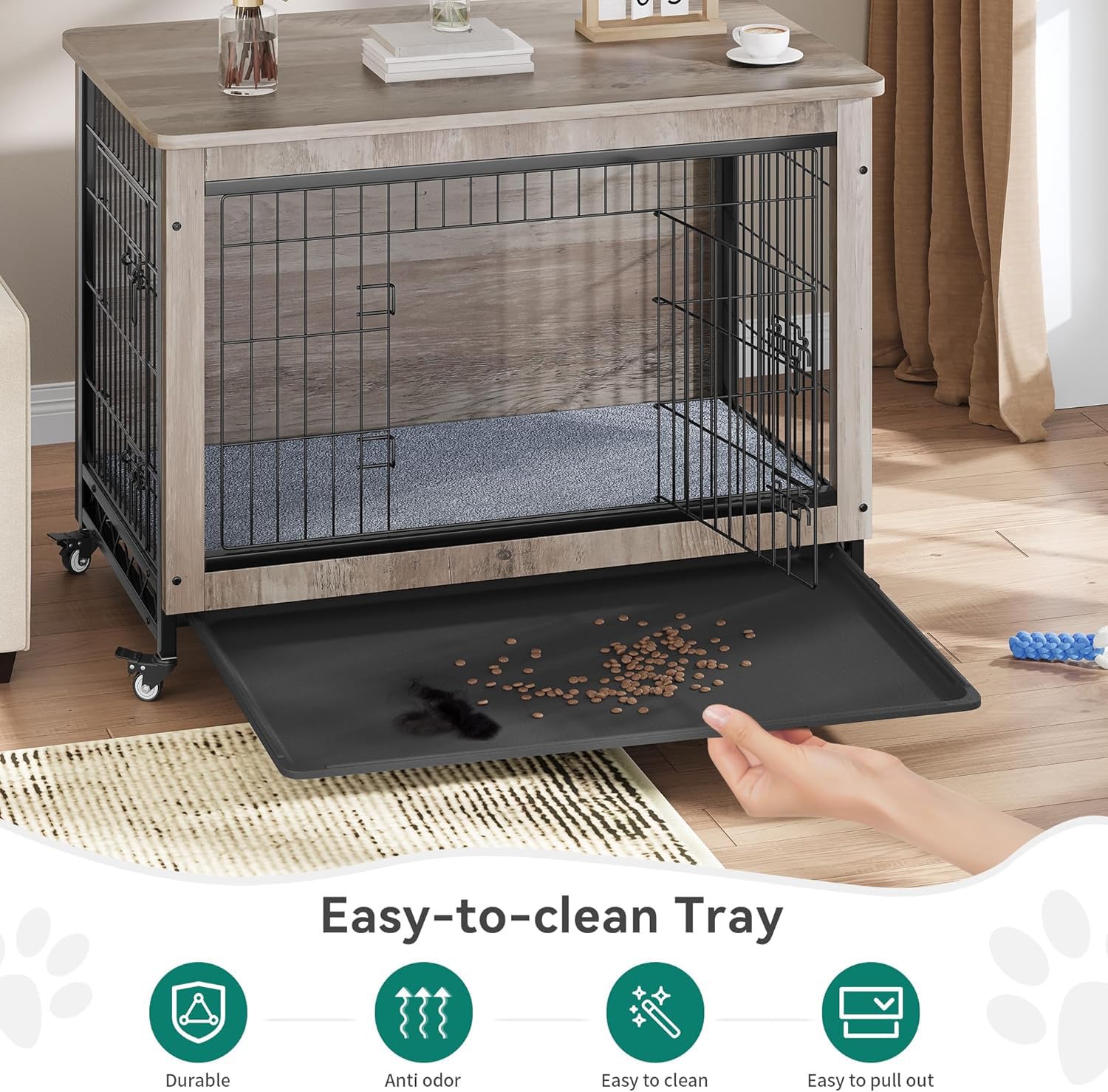 Dwvo Dog Kennel Furniture With Cushion, 38 Wooden Dog Crate Furniture With Wheels, Dog Crate End Table With Tray, Dog Cage Wit