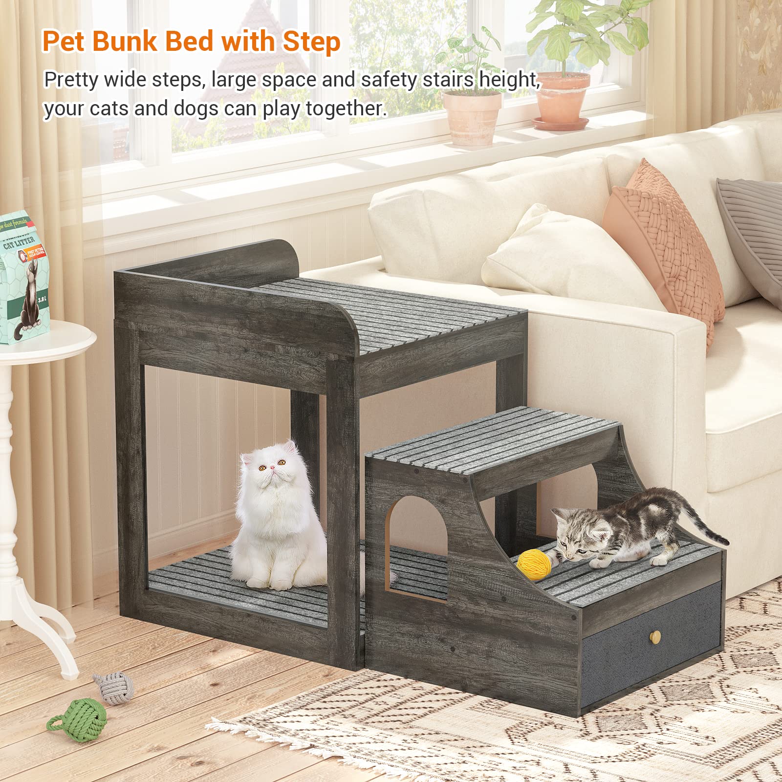 Cyclysio Super Large Multi-Level Pet Bunk Bed With Stairs, Mats, Drawers For Indoor Use, Grey