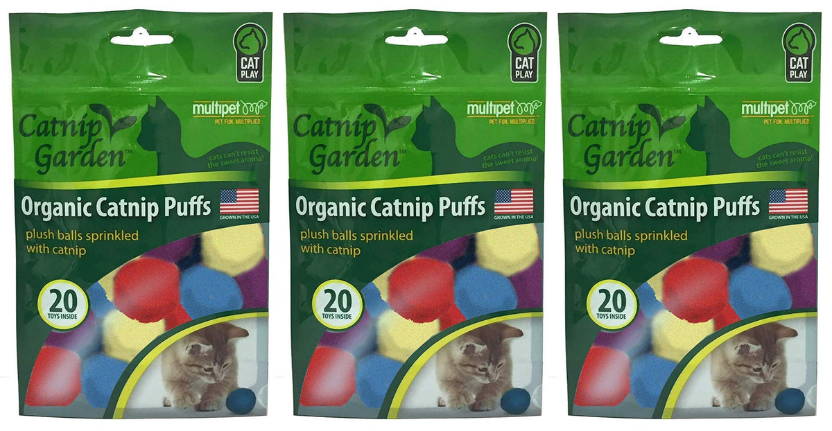 Multipet 3 Pack Of Organic Catnip Puffs Cat Toys, 20 Toys Each, Grown In The Usa