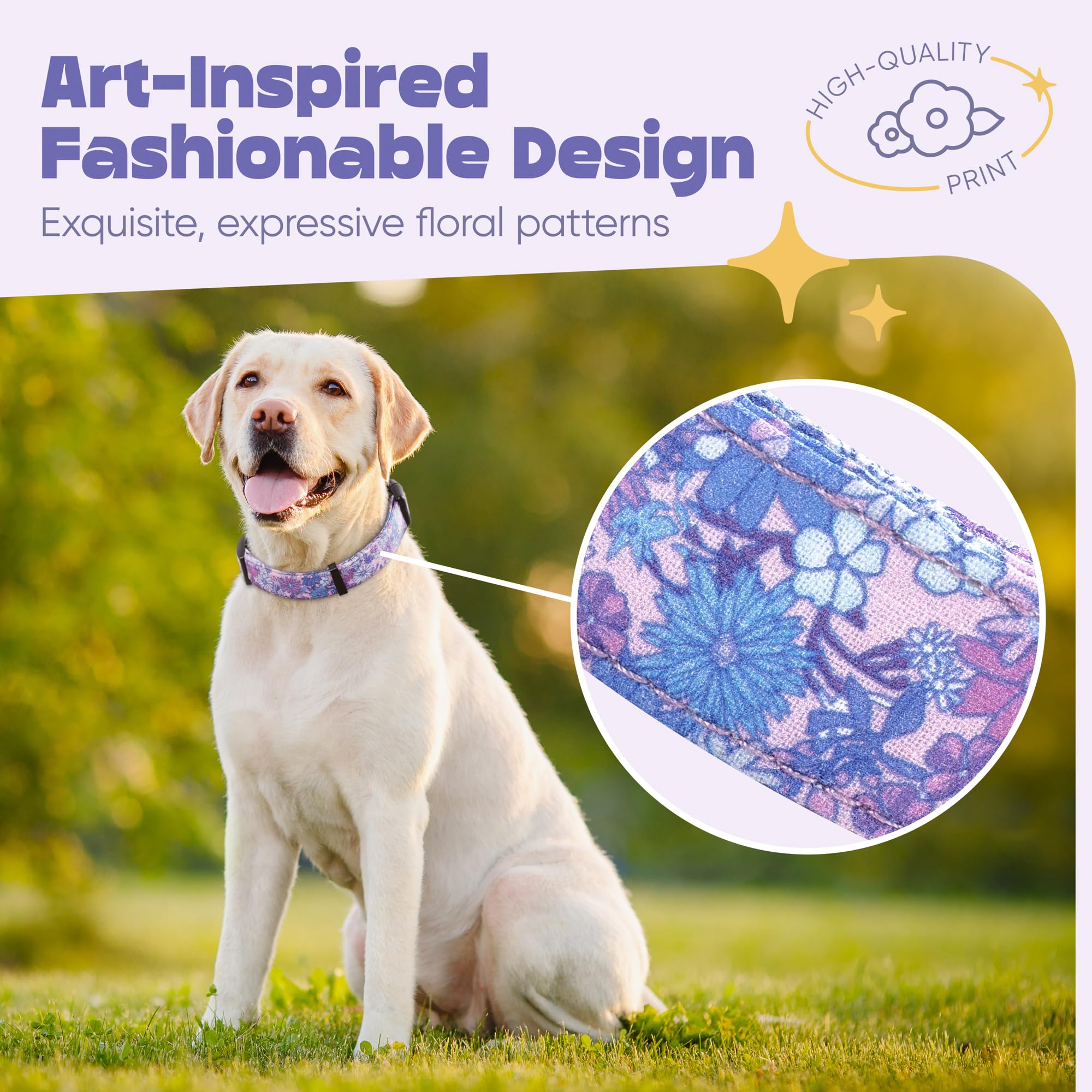 Art Tribute Dog Collar For Medium & Large Dogs - Flowers Cotton Padded Pattern On Long Lasting, Adjustable, Strong And Durable C