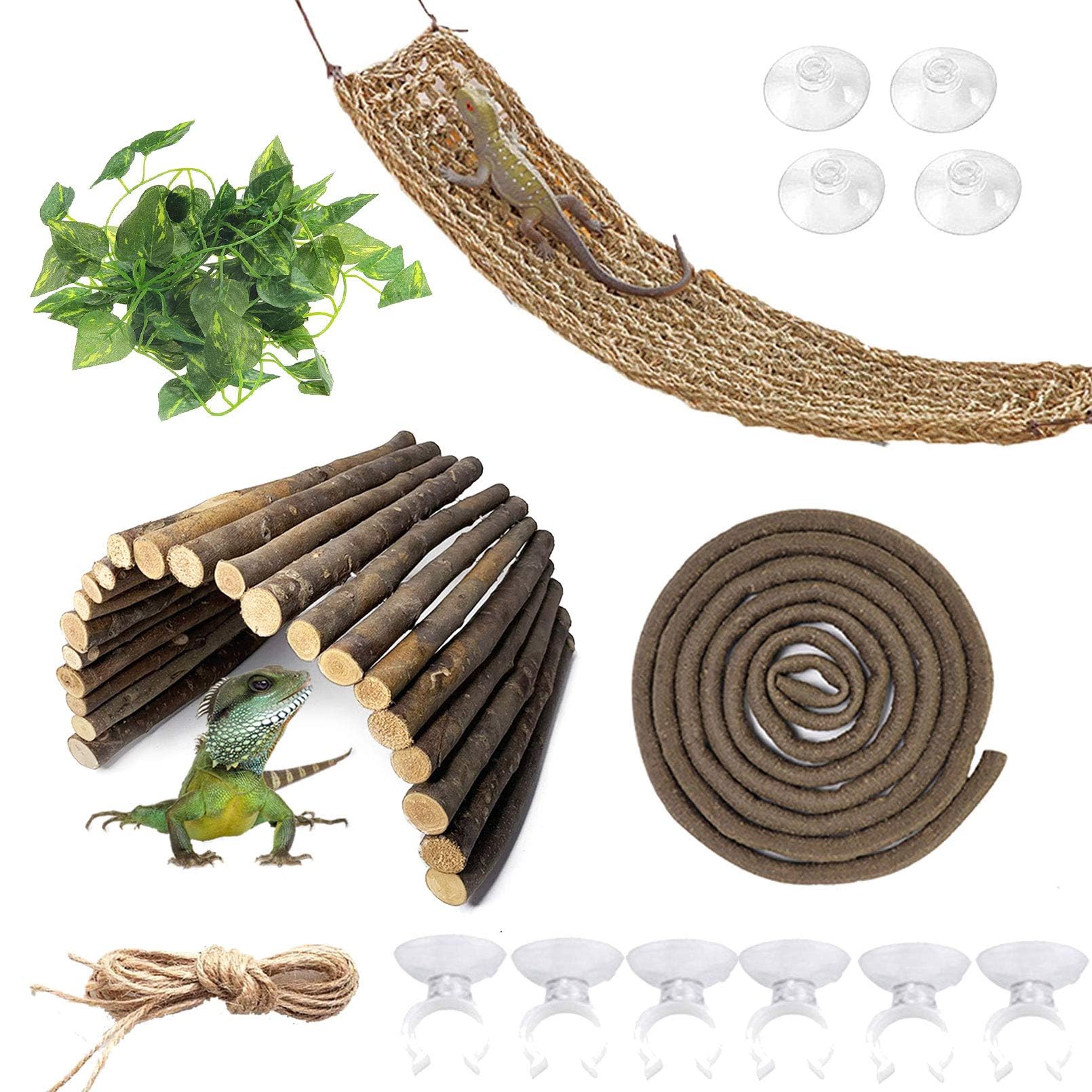 kathson Bearded Dragon Hammock Reptile Hideout Wooden Bridge Jungle Climber Vines Flexible Reptile Leaves with Suction Cups Rept