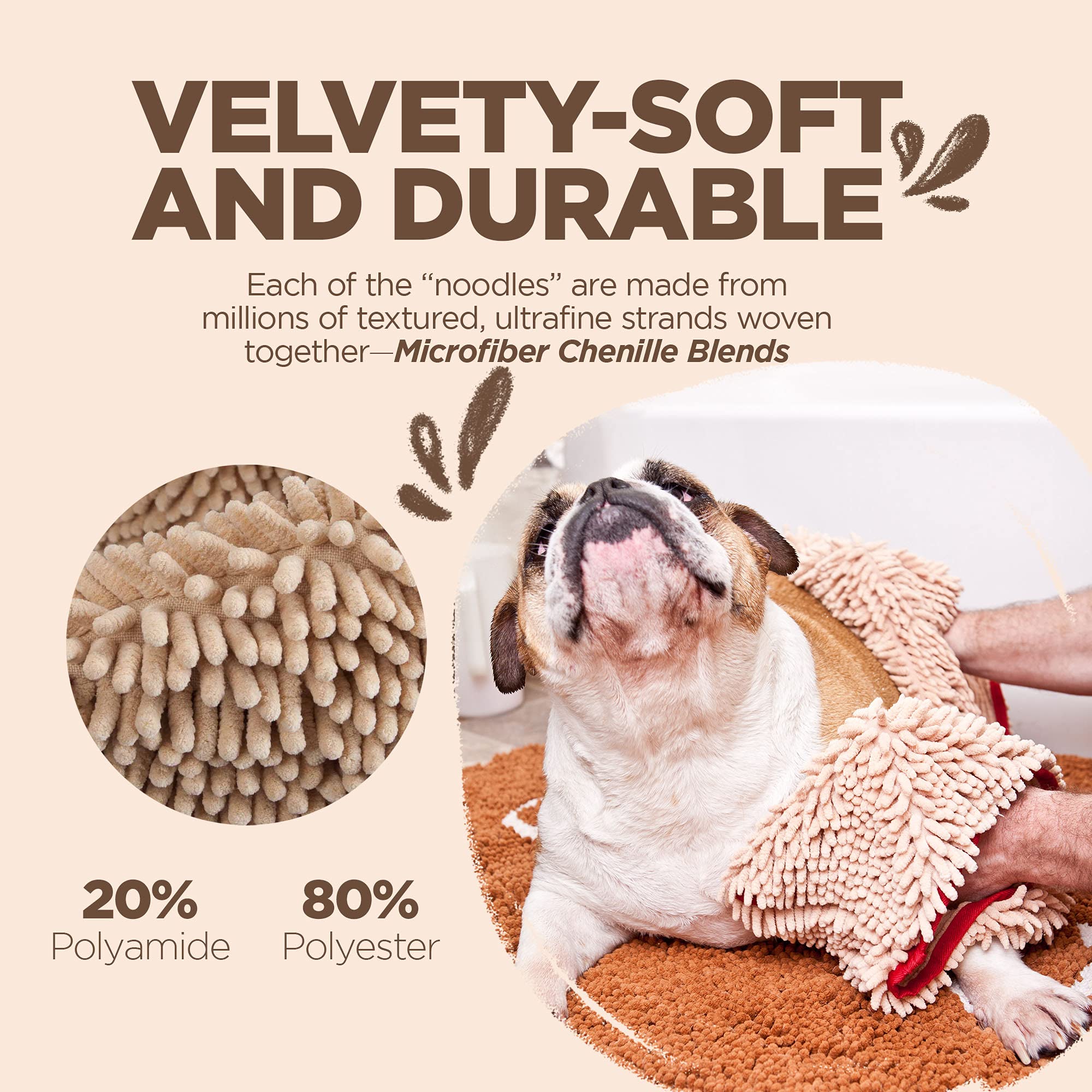 Soggy Doggy Super Shammy Dog Towel, Washable Microfiber Dog Towels For Drying Dogs And Cleaning Paws, Fast-Drying Dog Bath Towel With Hand Pockets, Beige/Red Trim, 31 X 14 Inches