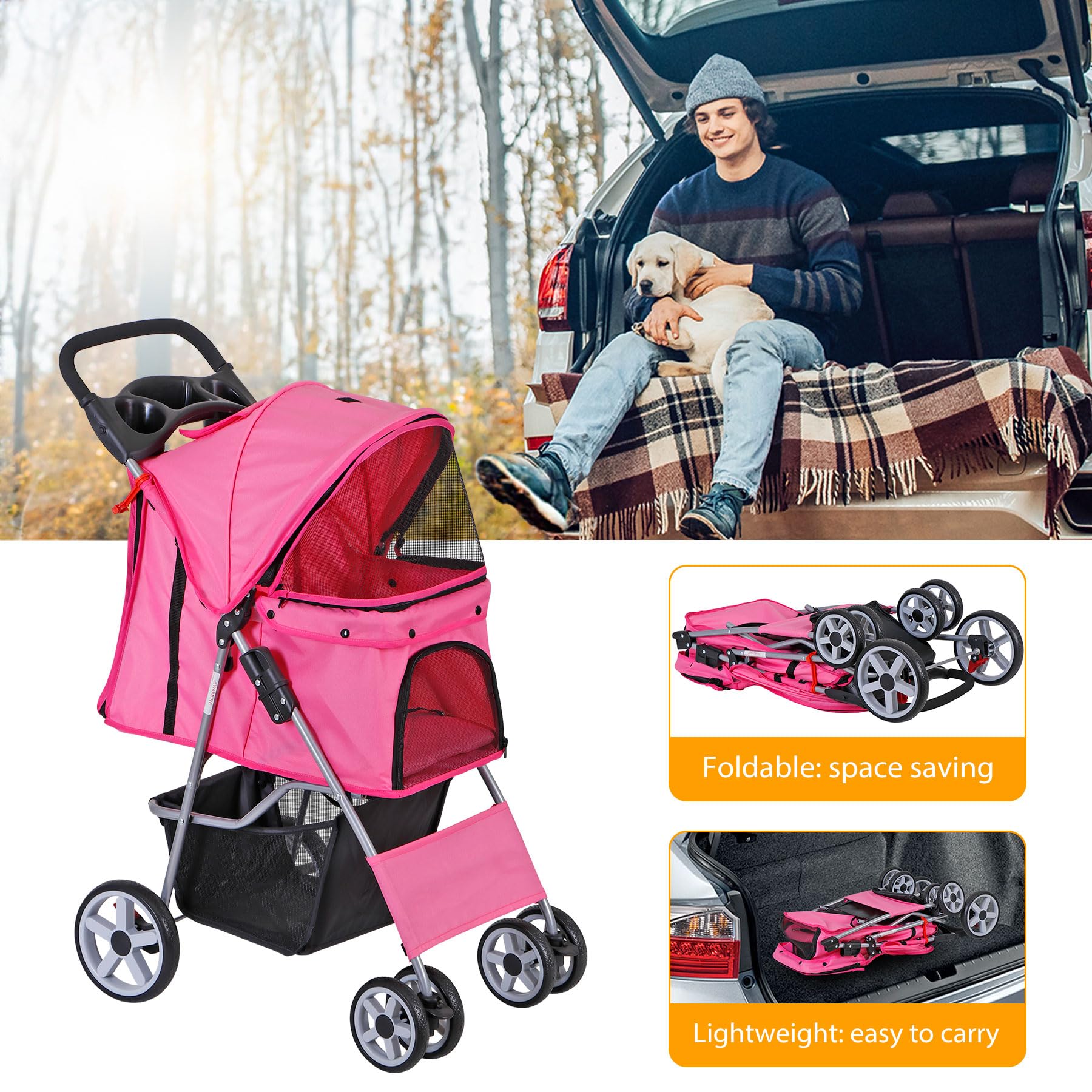 Epetlover 4 Wheels Dog Stroller Folding Pet Strolling Cart For Small Medium Cats Puppies Portable Jogger Travel Camping Puppy Ca