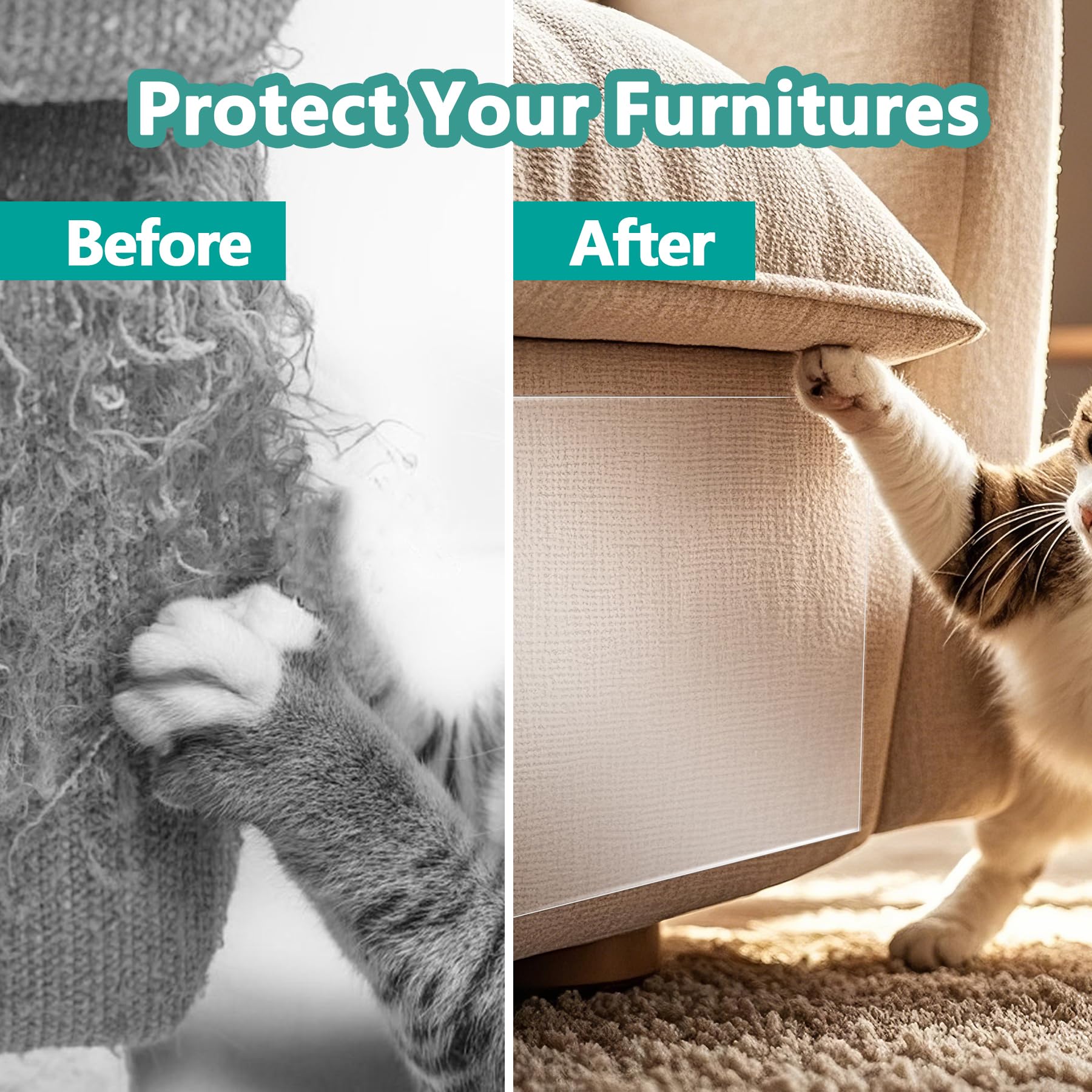 Wawiny Cat Scratch Protector Rolled(12' X16Ft/30X500Cm) - Clear Self-Adhesive Furniture Tape, No Residue Removable Couch Guard