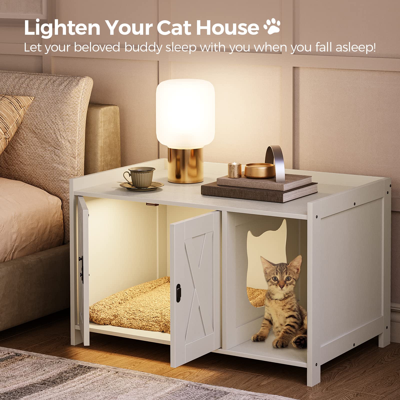 Mahancris Cat Litter Box Enclosure, Hidden Litter Box Furniture With Divider, Indoor Cat House, Wooden Cat Washroom Storage Cabi