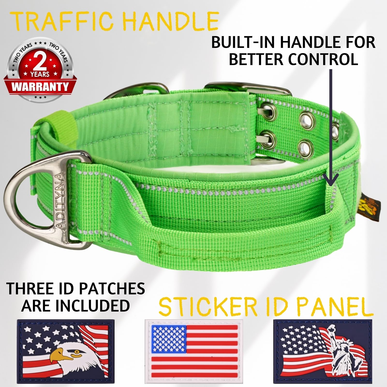 Adityna Heavy Duty Dog Collar For Medium Dogs - Reflective Green Collar With Handle For Training, And Walking - Wide, Thick, Tac