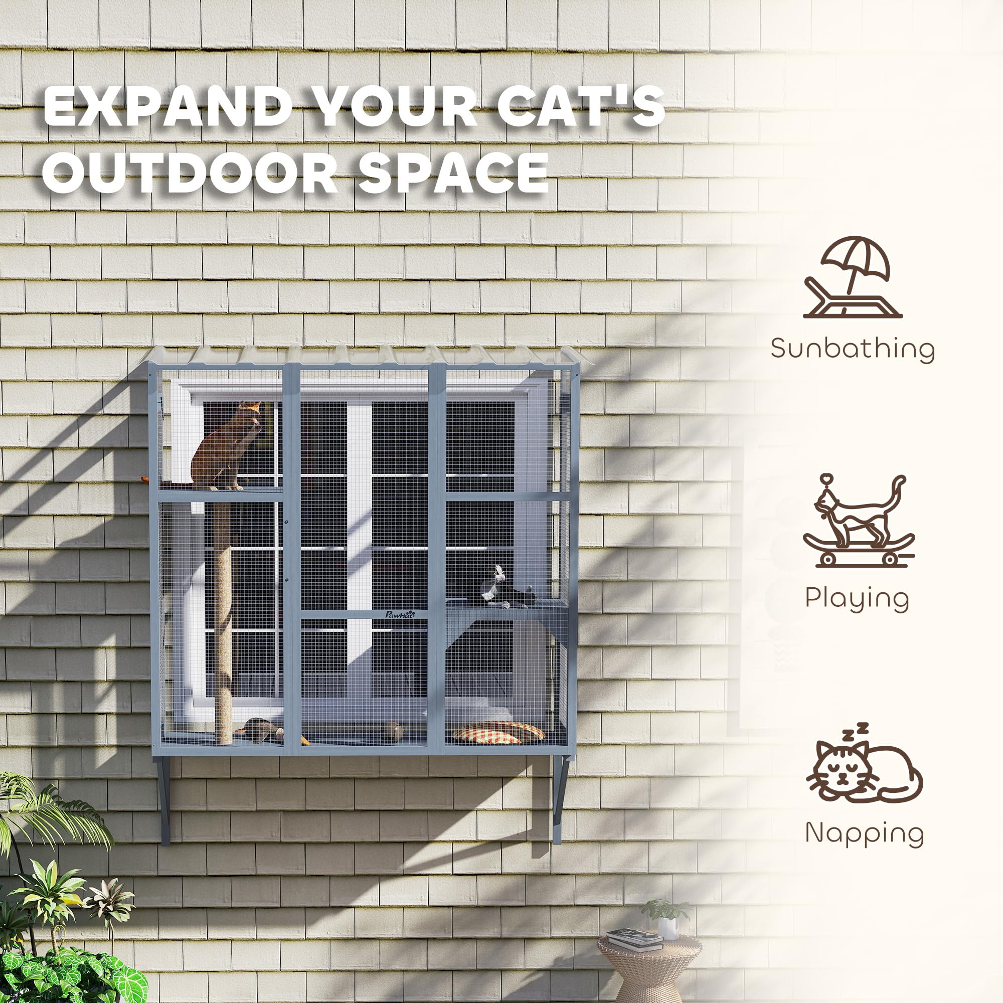 Pawhut Outdoor Catio, Cat Window Catio Box Enclosure For 2-3 Large Indoor Cats With 2 Jumping Platforms, Scratching Post, For Pl