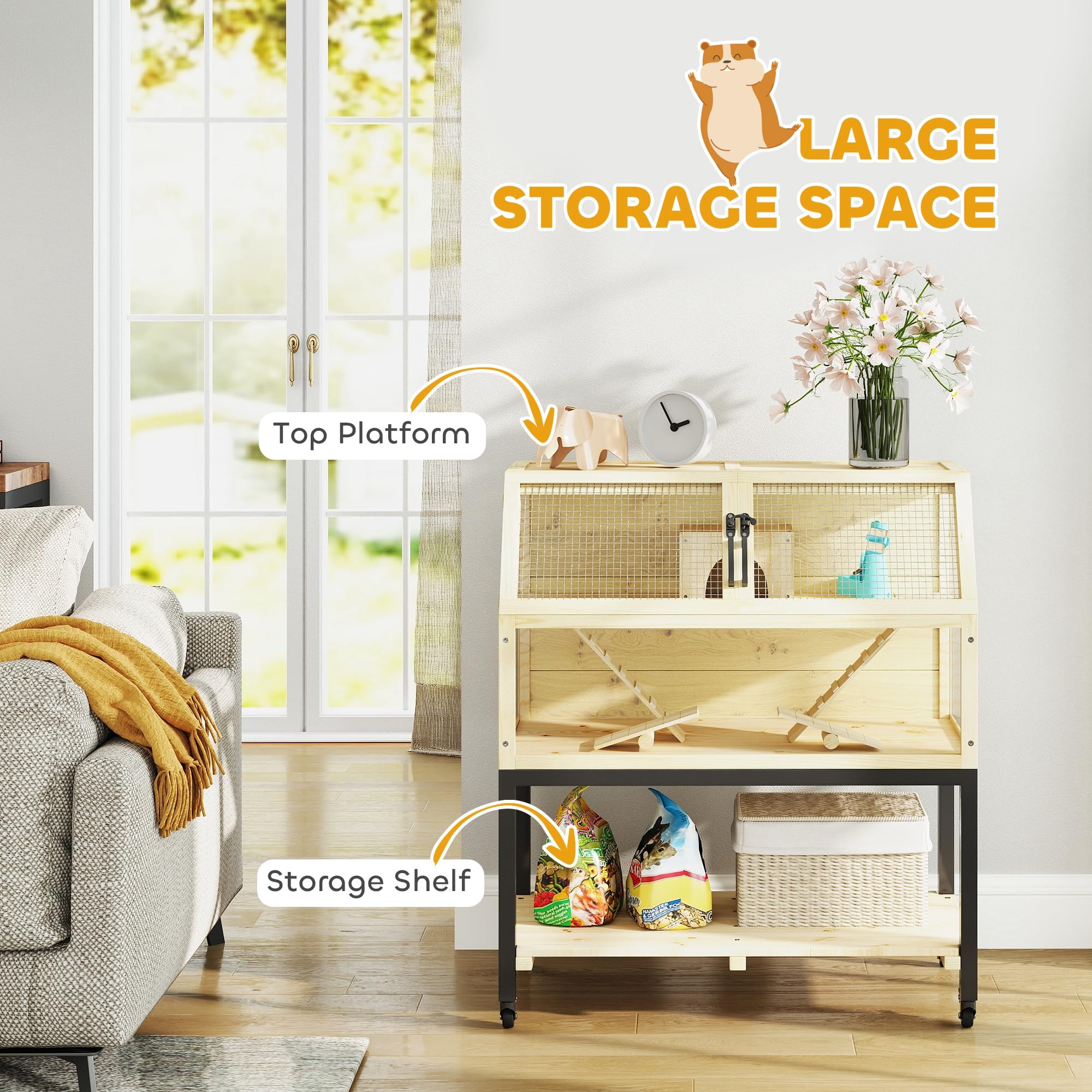 Pawhut Hamster Cage With Storage Shelf, Wooden Rat Cage On Wheel, Small Aniaml Cage With Seesaws, Water Bottle, Hut & Ramps, For