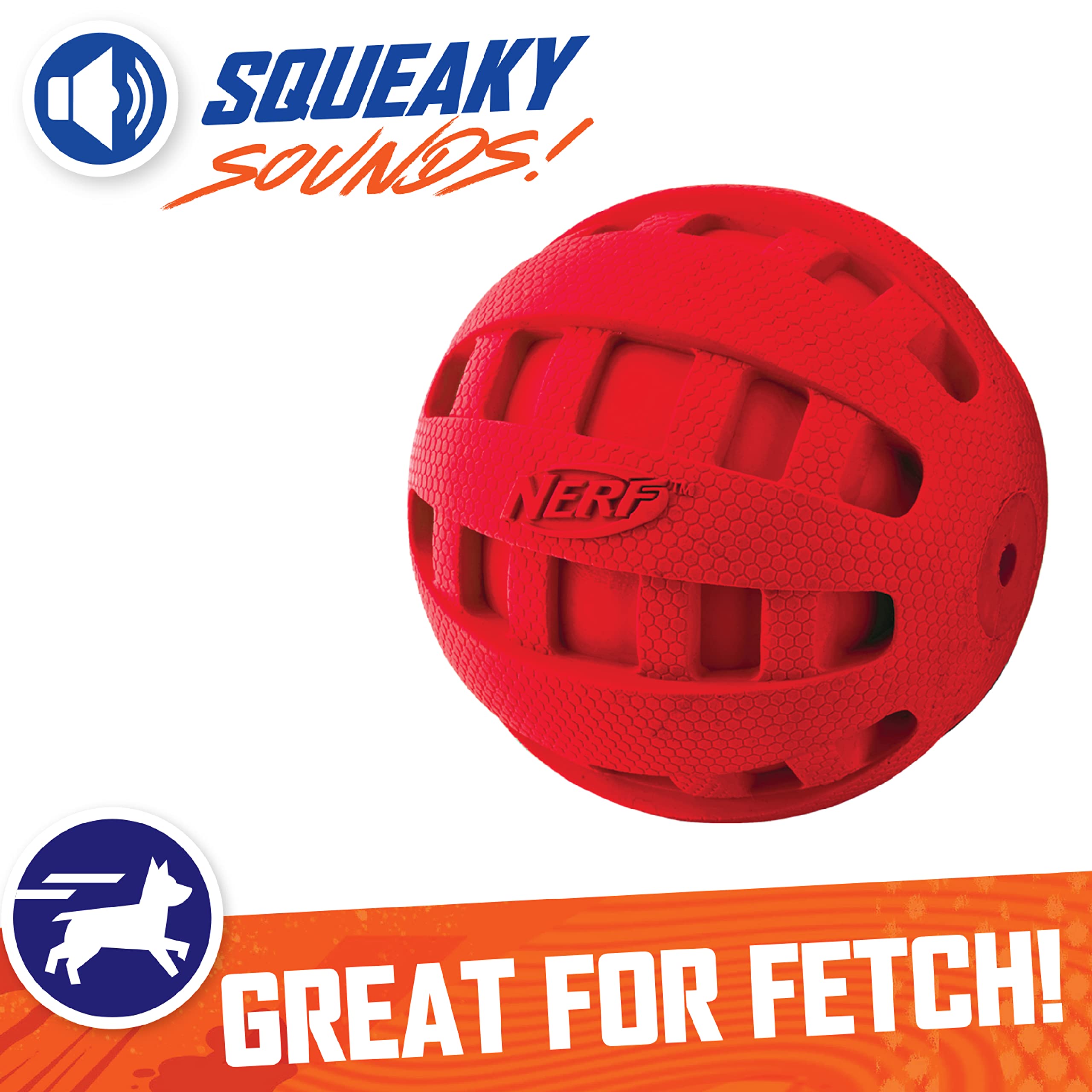 Nerf Dog Rubber Ball Dog Toy With Checkered Squeaker, Lightweight, Durable And Water Resistant, 4 Inch Diameter For Medium/Large Breeds, Single Unit, Red