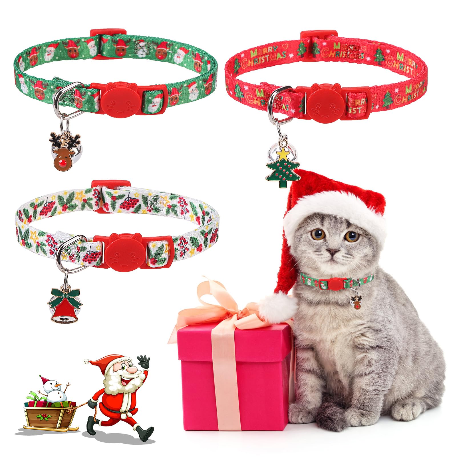 Scenereal Christmas Breakaway Cat Collar With Bells, Safety Buckle Soft Adjustable Cats Collars For Daily Wearing, Kitten Puppy 