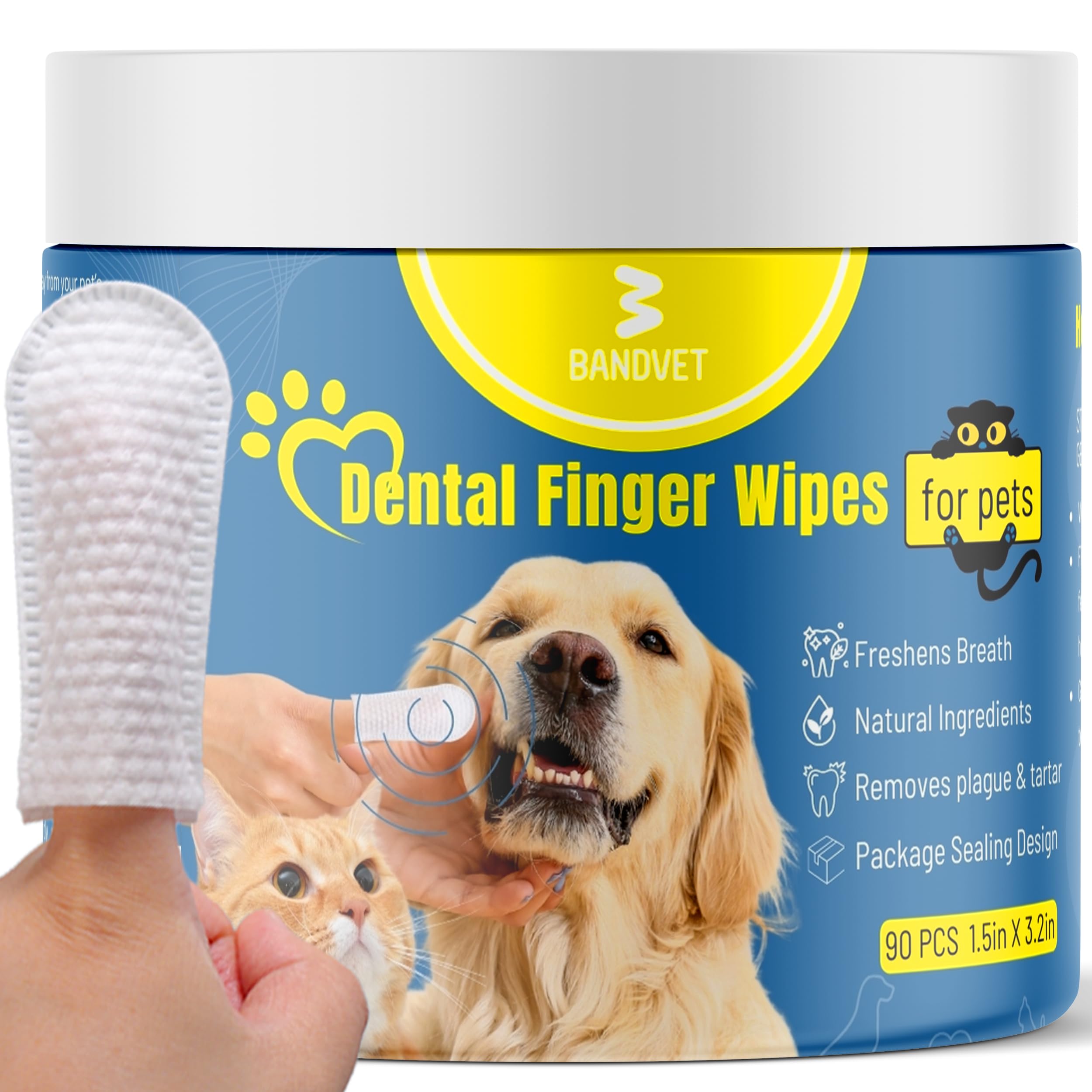Bandvet Wrap Dog Teeth Cleaning Wipes - No-Rinse Cat Toothbrush, Effective Dog Breath Freshener - Essential For Pet Supplies (90