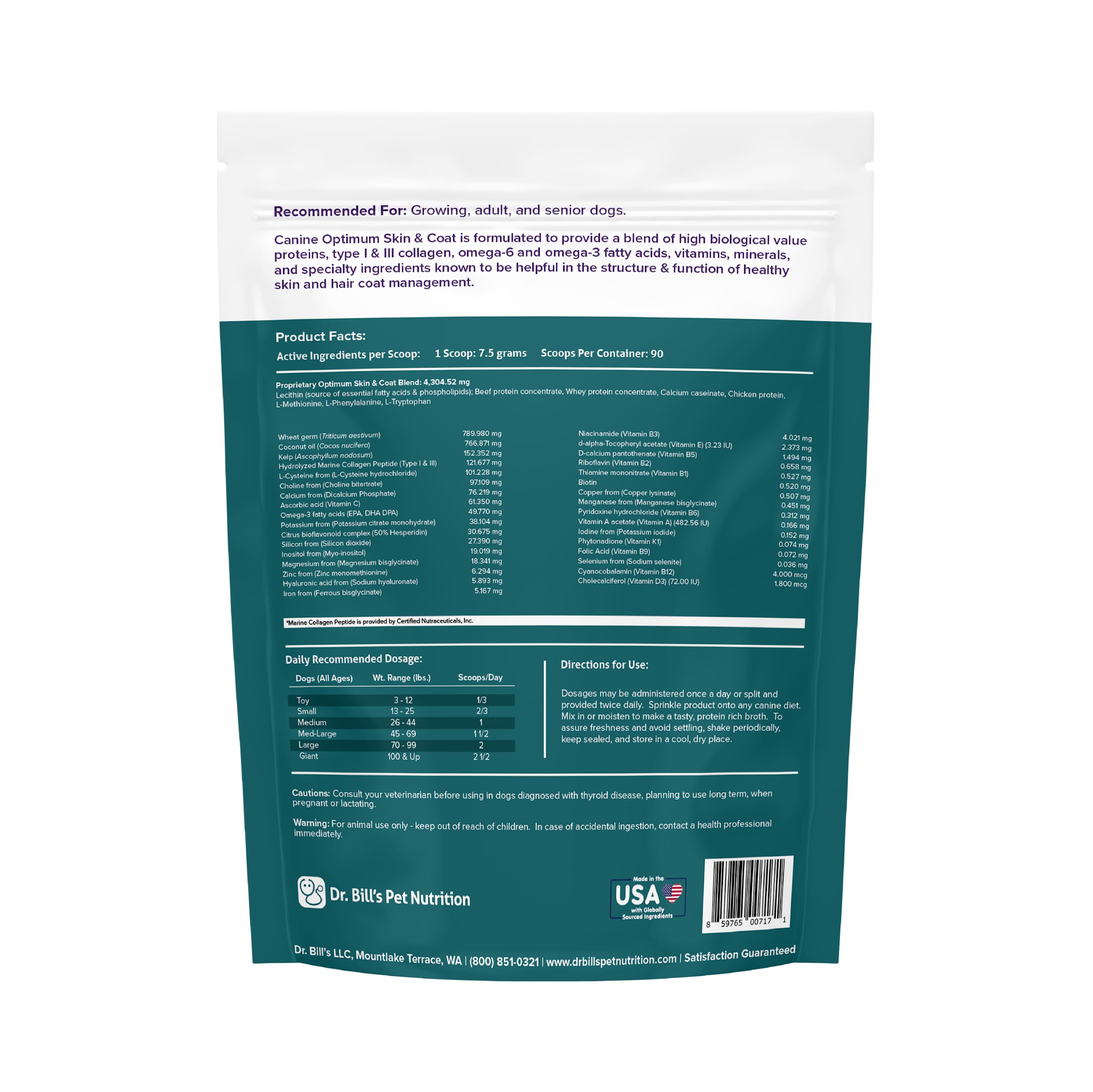 Dr. Bills Canine Optimum Skin & Coat - Reduces Shedding, Itching, Dry Skin - Allergy Relief for Healthy Fur - Omega 3, Collagen