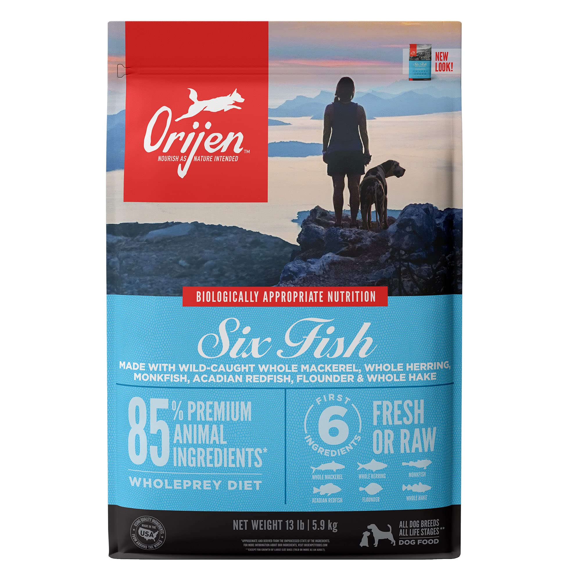 ORIJEN Six Fish Dry Dog Food, Grain Free and Chicken Free Dog Food, Fresh or Raw Ingredients, 13lb