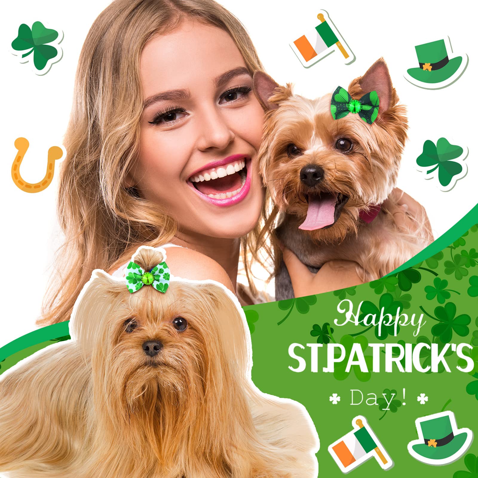 Tondiamo 100 Pack St. Patrick'S Day Dog Hair Bows With Rubber Bands St. Patrick'S Day Puppy Bows Rhinestone Pet Hair Accessories