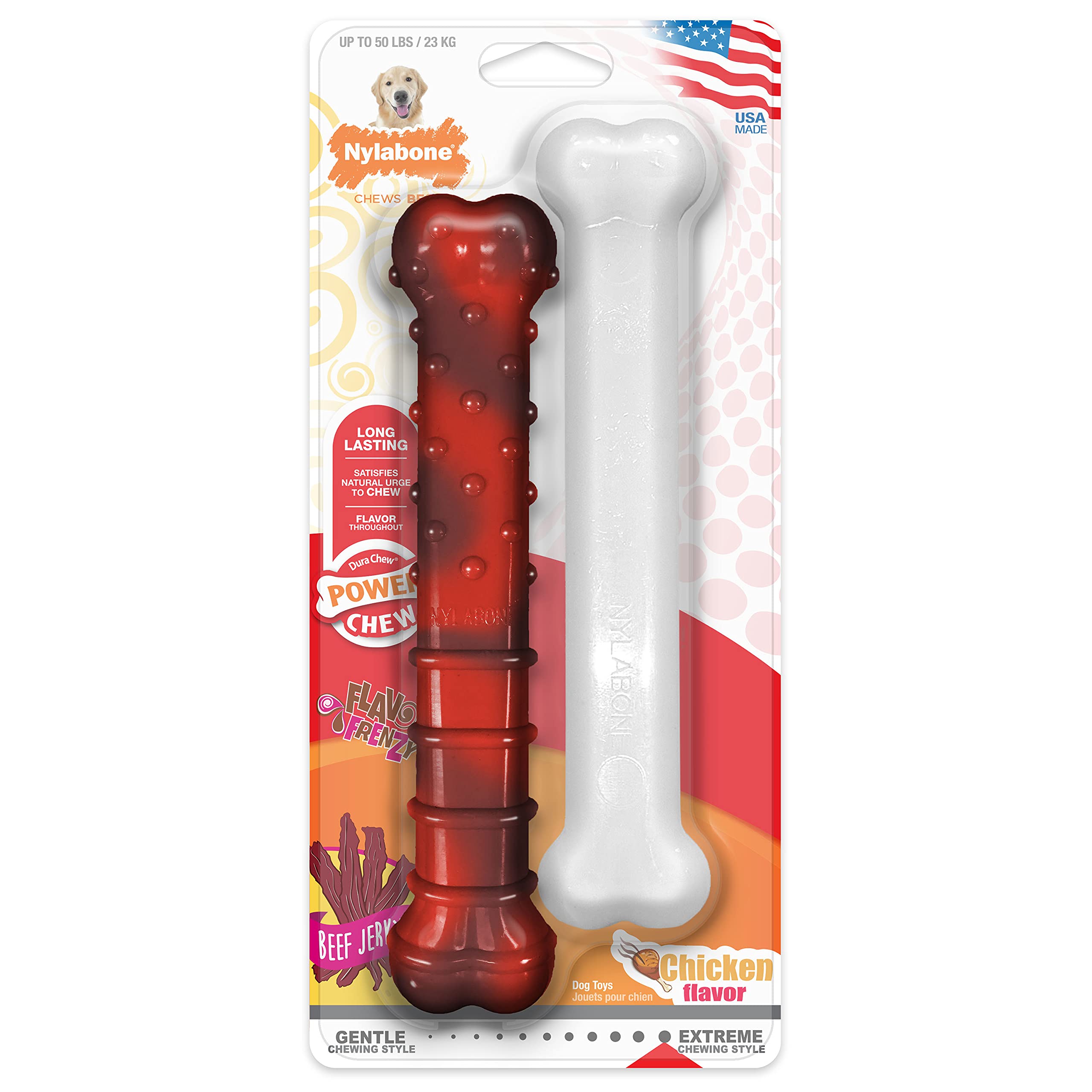 Nylabone Power Chew Classic Bone Chew Toy For Dogs, Durable Dog Toys For Aggressive Chewers, Flavor Frenzy Beef Jerky & Chicken, Large/Giant - Up To 50 Lbs. (2 Count)