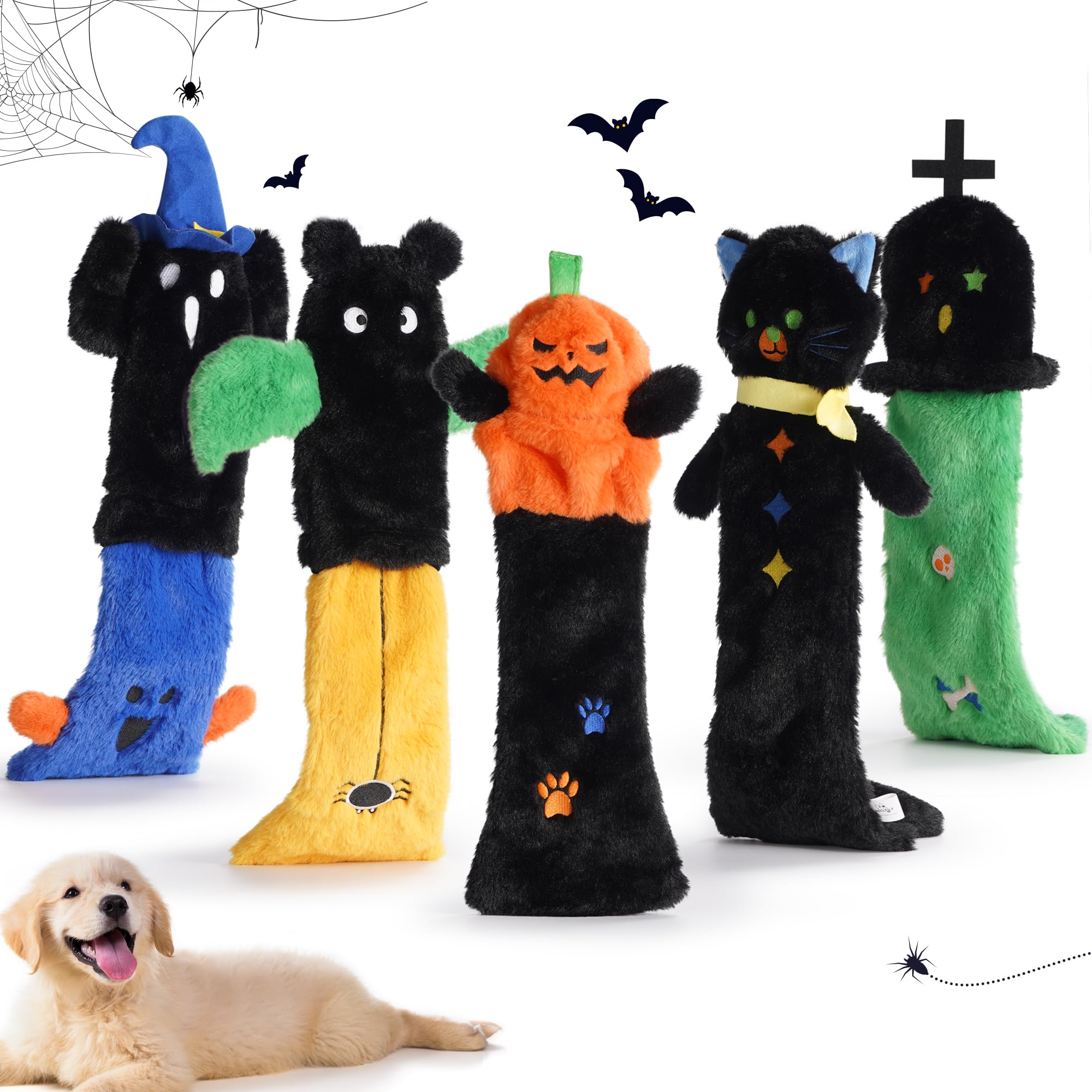 Nocciola 5 Pcs Halloween Dog Squeaky Toys, No Stuffing Plush Dog Toys With Crinkle Paper, Perfect Present For Puppy, Small, Medium And Large Dogs