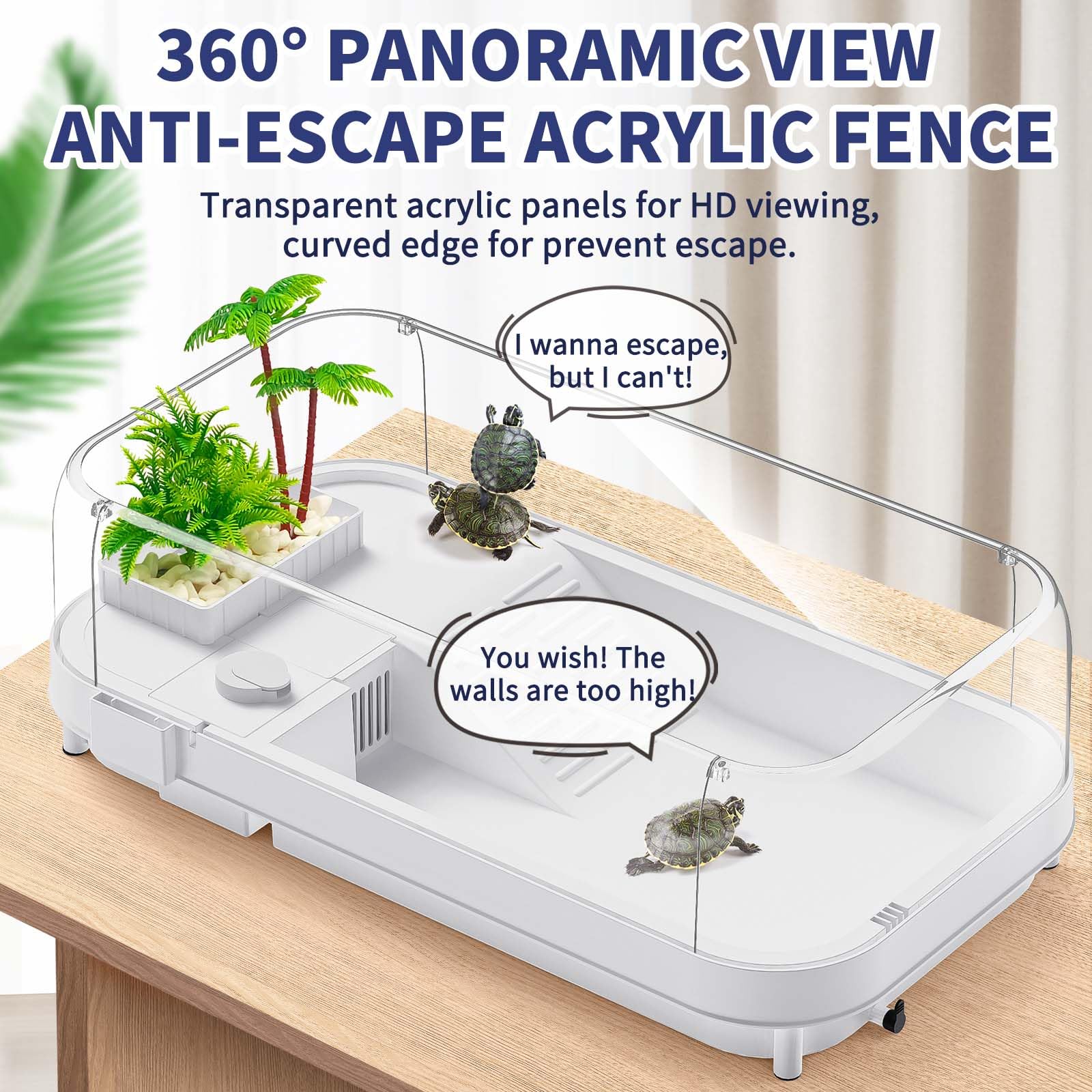 Moonorange Large Turtle Tank With Water Pump, Acrylic Turtle Tank Starter Kit With Heightened And Curved Fences, Multi-Function