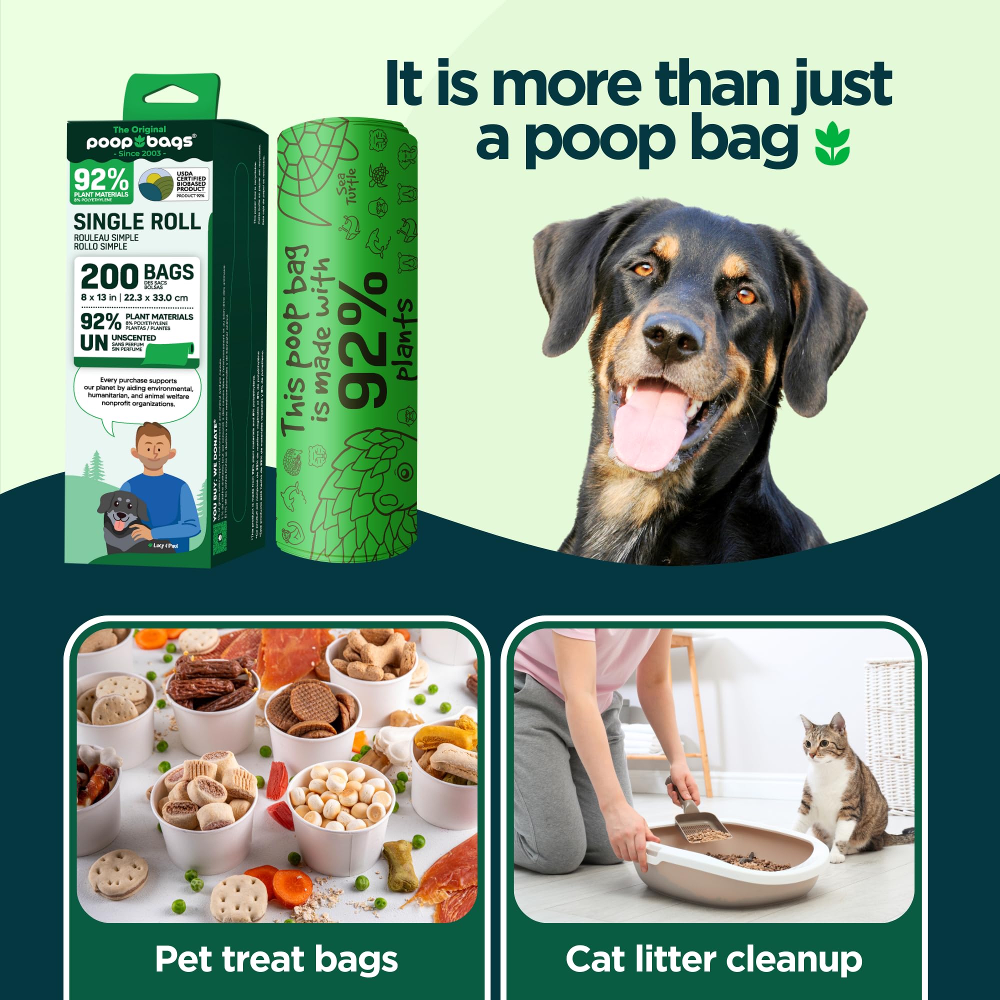 The Original Poop Bags 92% Plant-Based Dog Waste Bags, Leak-Proof & Heavy Duty, Extra Large Doggie Bags, Unscented, 200 Count