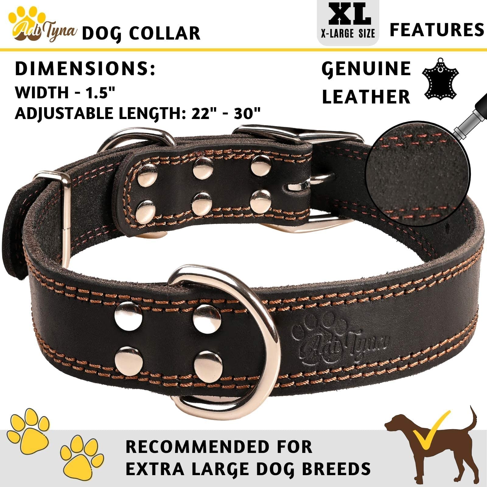 Adityna Heavy Duty Leather Dog Collar For Extra-Large Dogs - Black Xl Dog Collar - Soft And Strong Big Dog Collar (Extra-Large, Black)