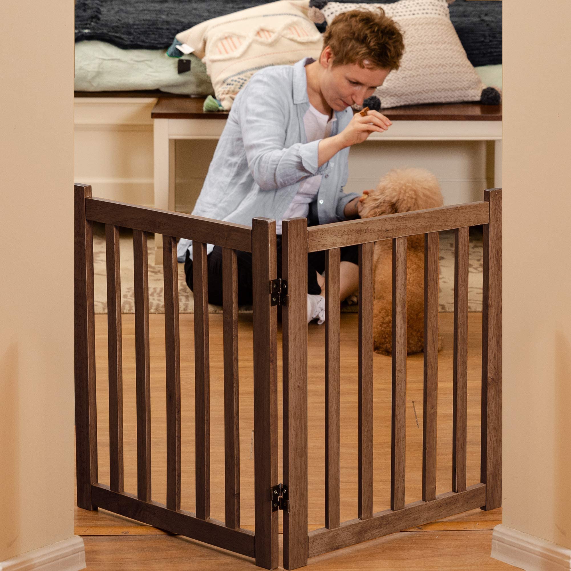 Lzrs Solid Hardwood Freestanding Pet Gate,Wooden Dog Gates For Doorways,Nature Wood Dog Gates For The House,Dog Gate For Stairs,Freestanding Indoor Gate Safety Fence,Oak,24' Height-2 Panels